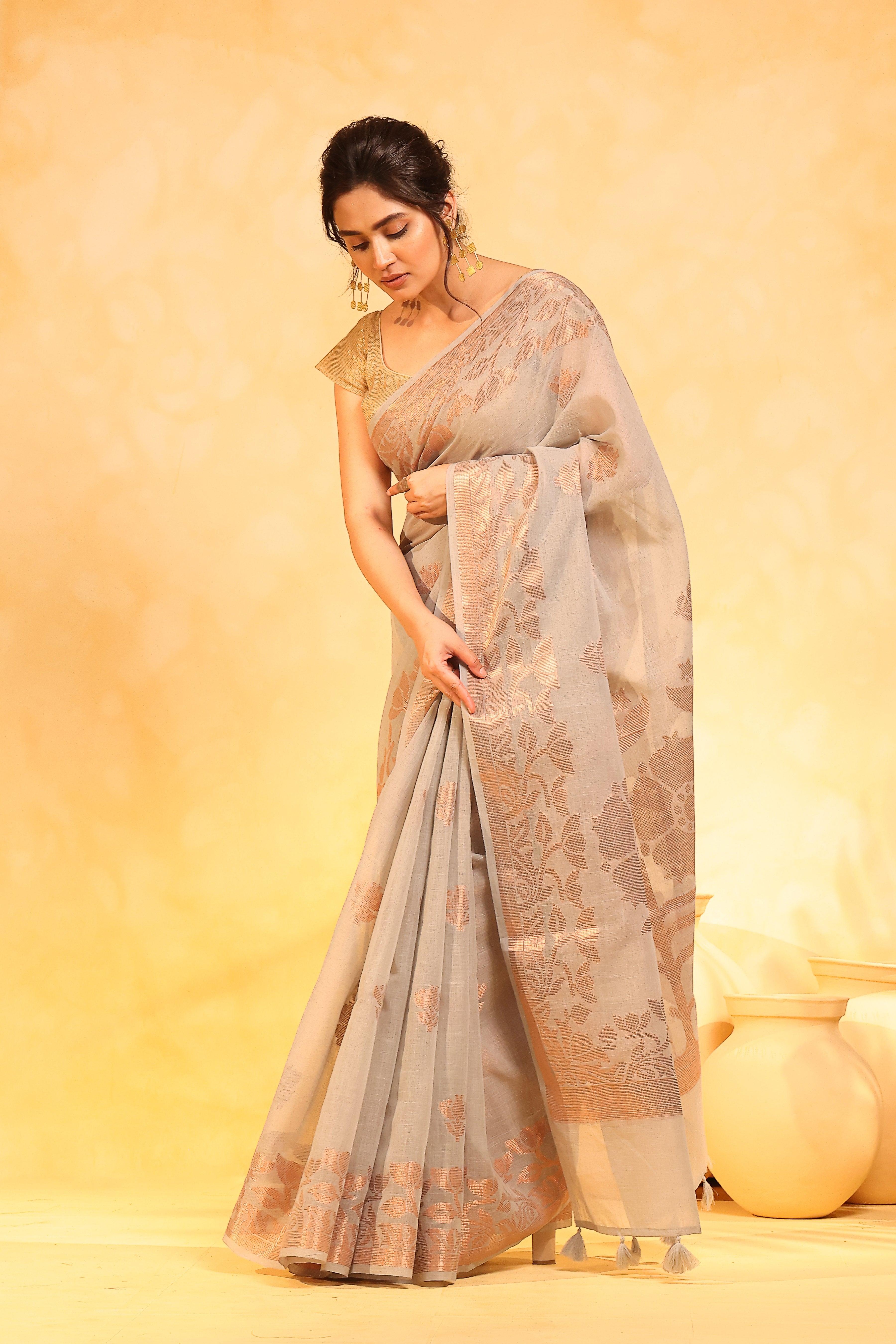 KAVVYA soft & lightweight melange grey color benarasi handloom saree - KAVVYA 