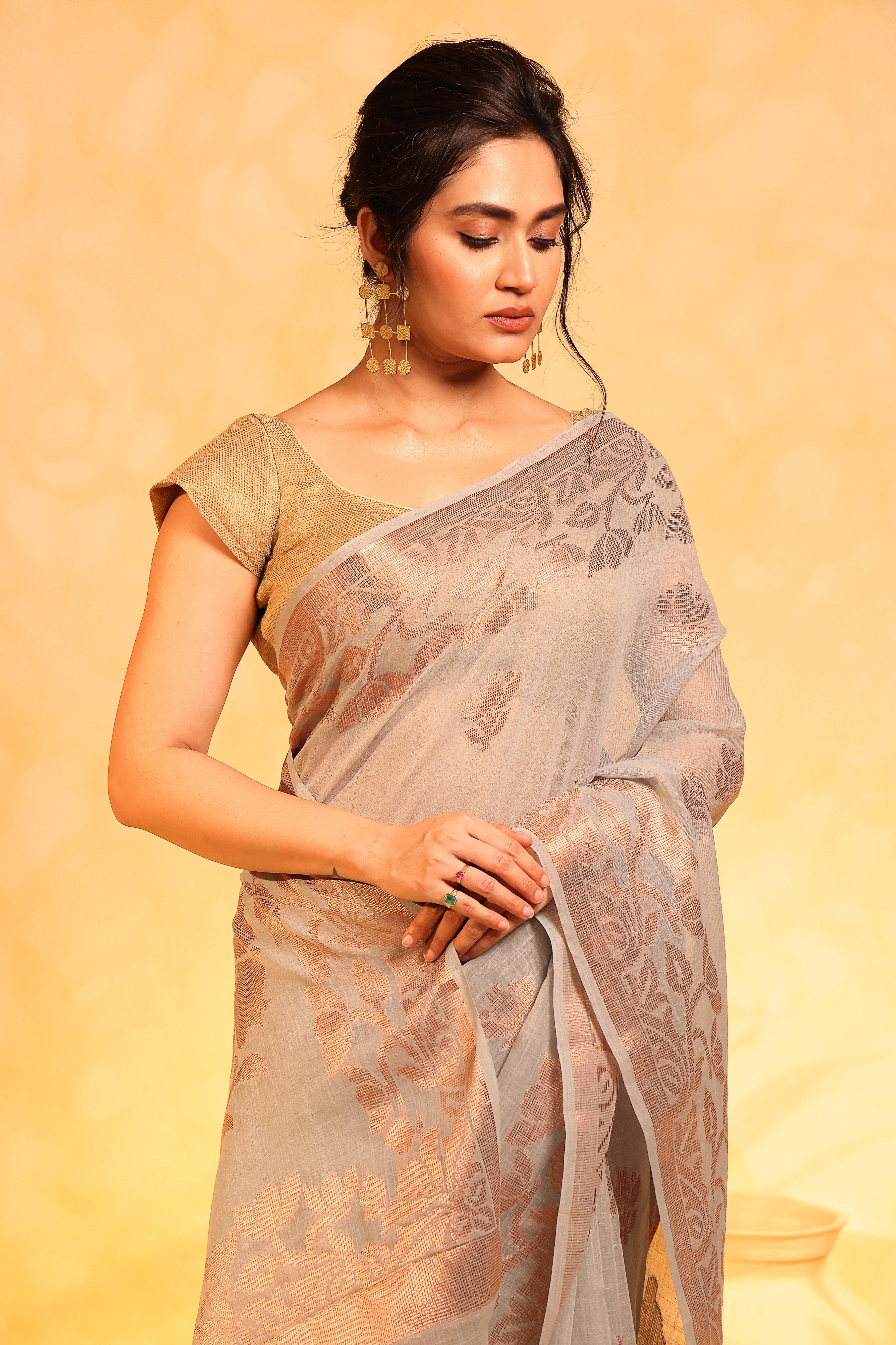 KAVVYA soft & lightweight melange grey color benarasi handloom saree - KAVVYA 