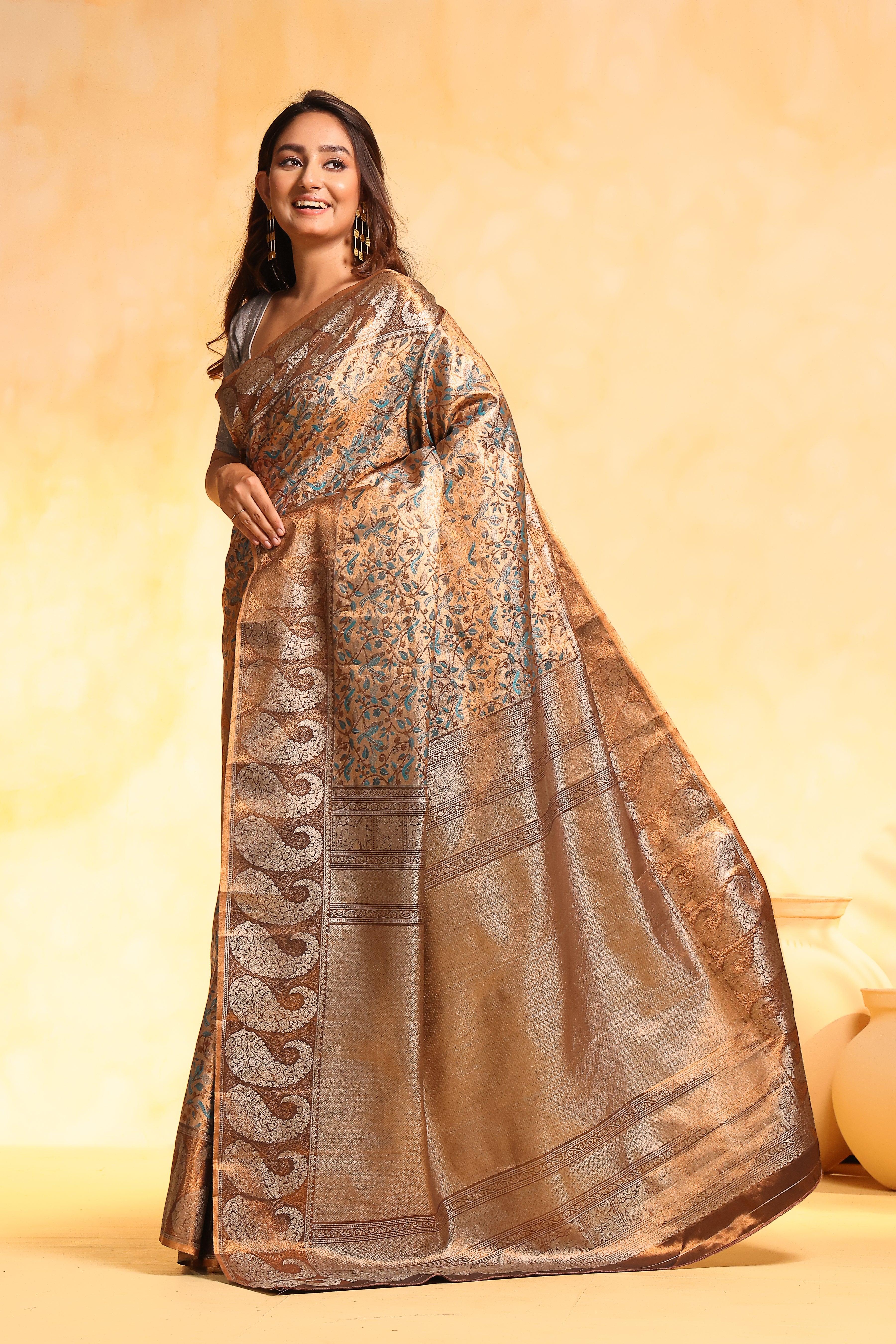 KAVVYA soft and lightweight bronze color weaving silk saree - KAVVYA 