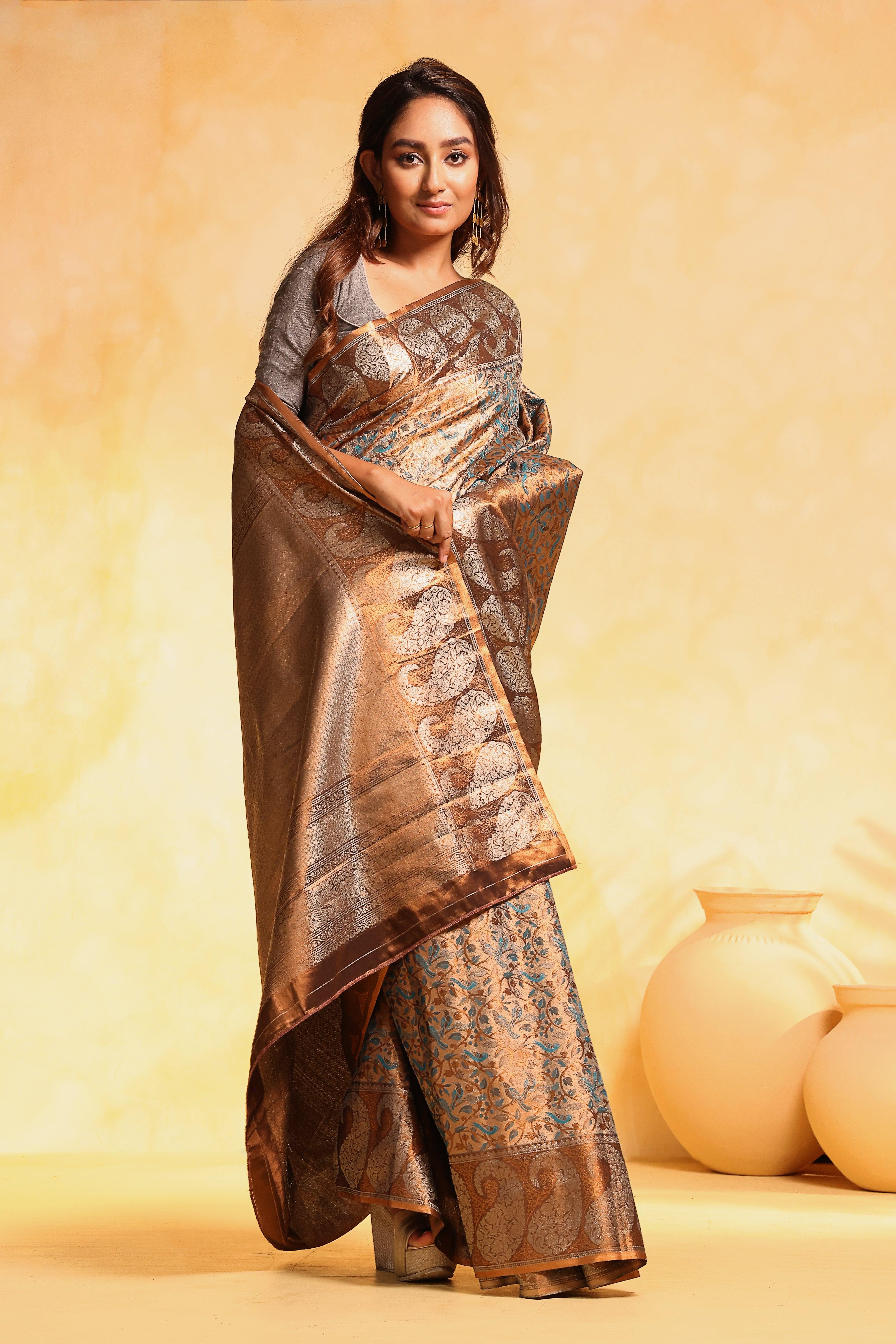 KAVVYA soft and lightweight bronze color weaving silk saree - KAVVYA 