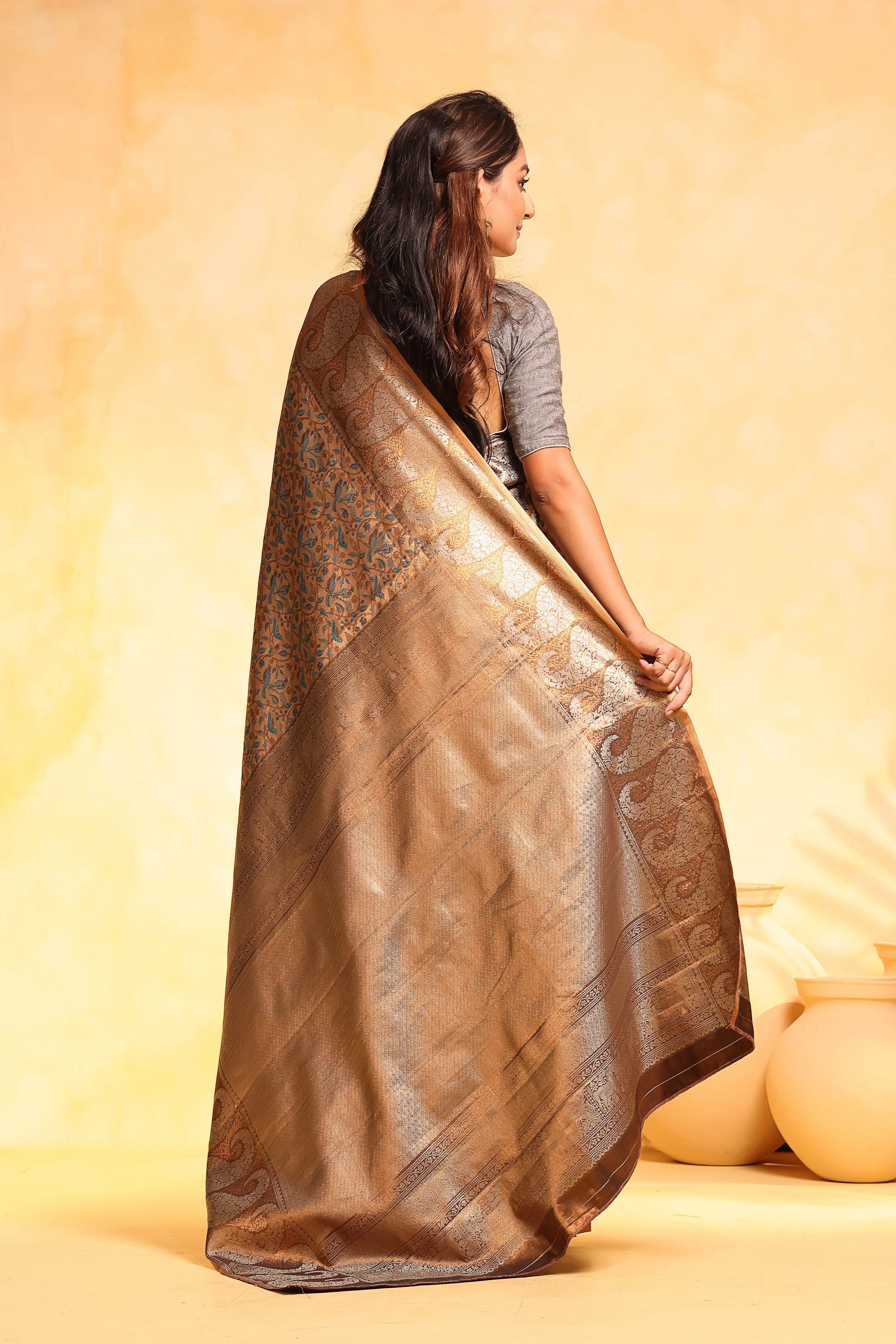 KAVVYA soft and lightweight bronze color weaving silk saree - KAVVYA 