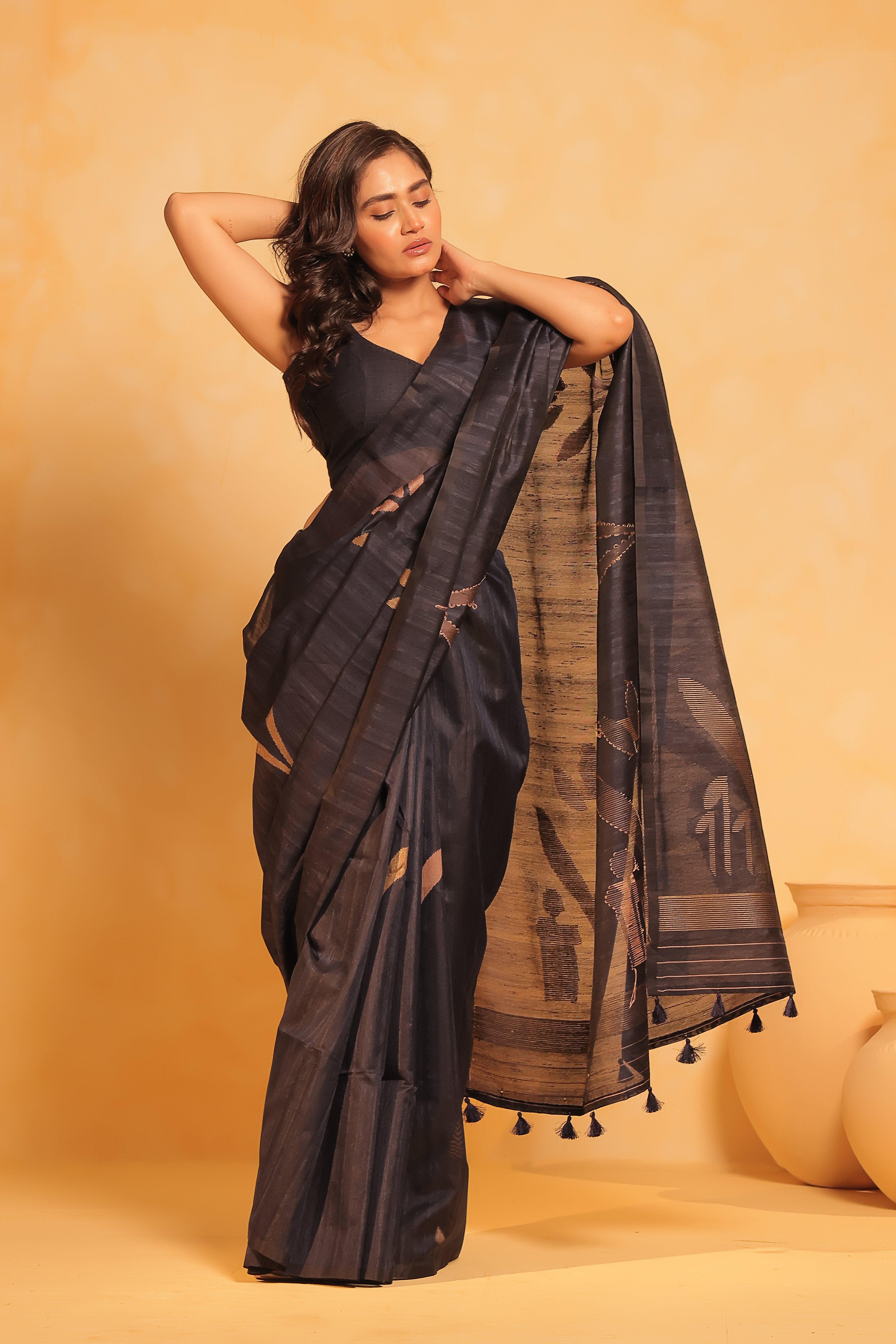 KAVVYA soft & lightweight navy blue color benarasi handloom saree - KAVVYA 