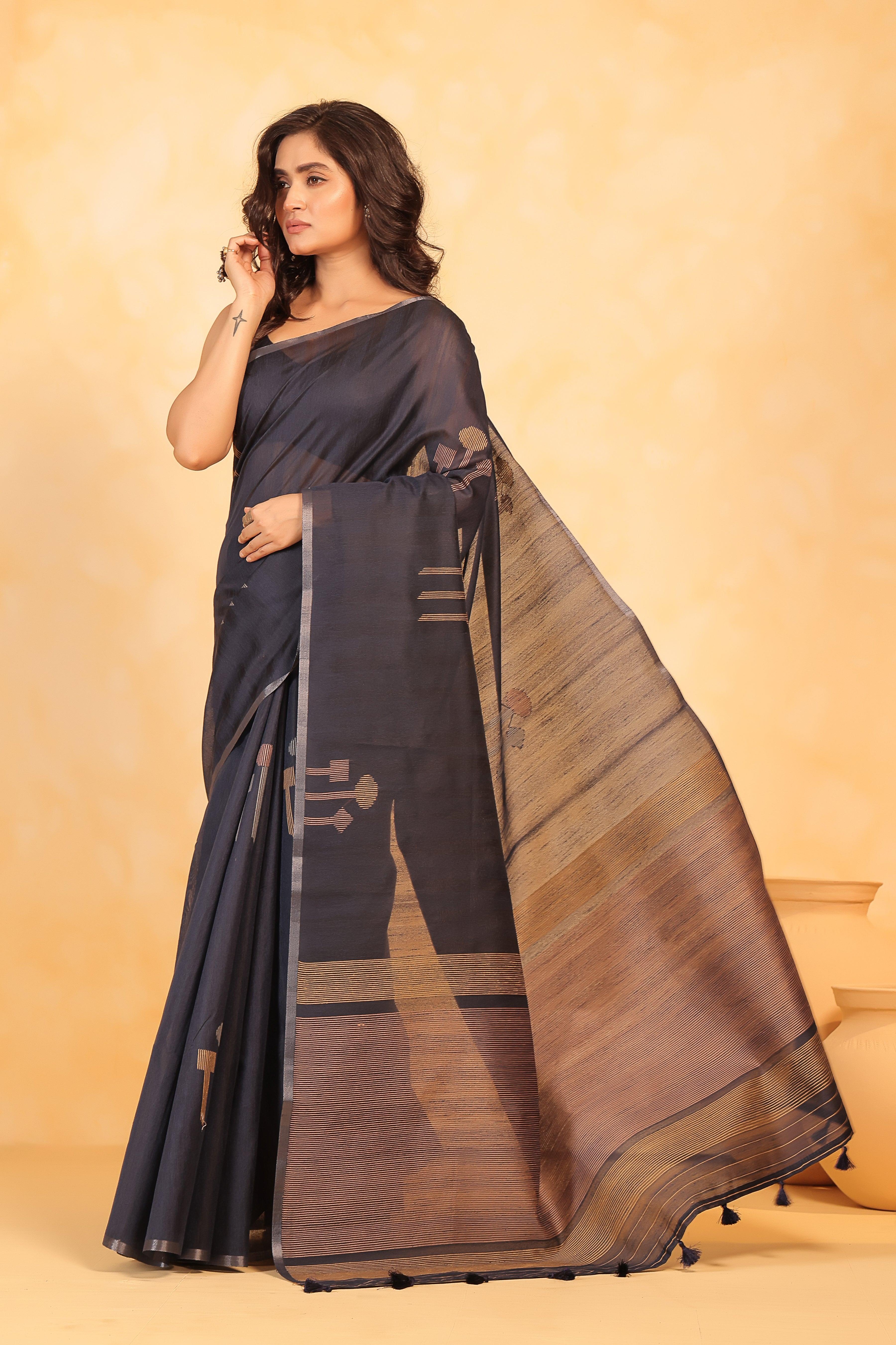 KAVVYA soft & lightweight navy blue color benarasi handloom saree - KAVVYA 