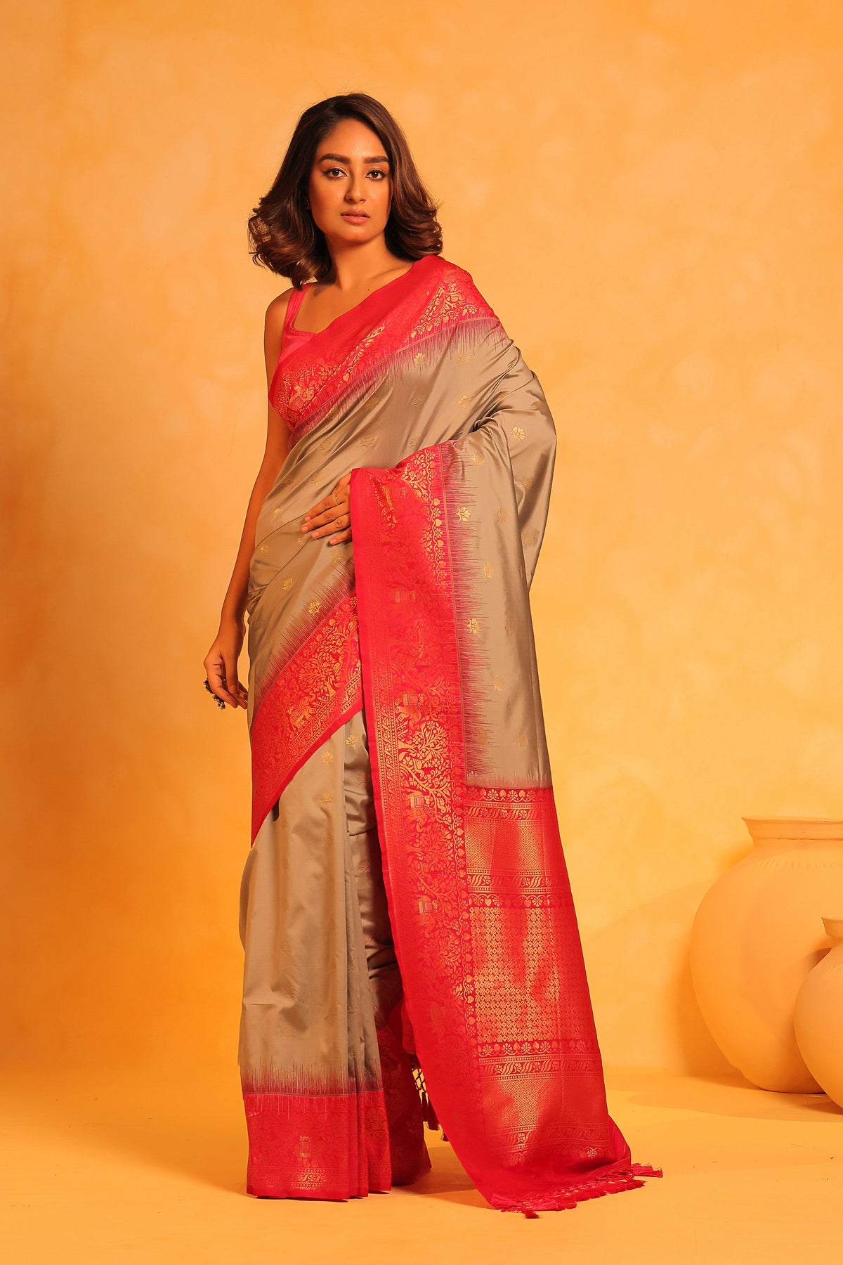 KAVVYA soft and lightweight grey color weaving silk saree - KAVVYA 