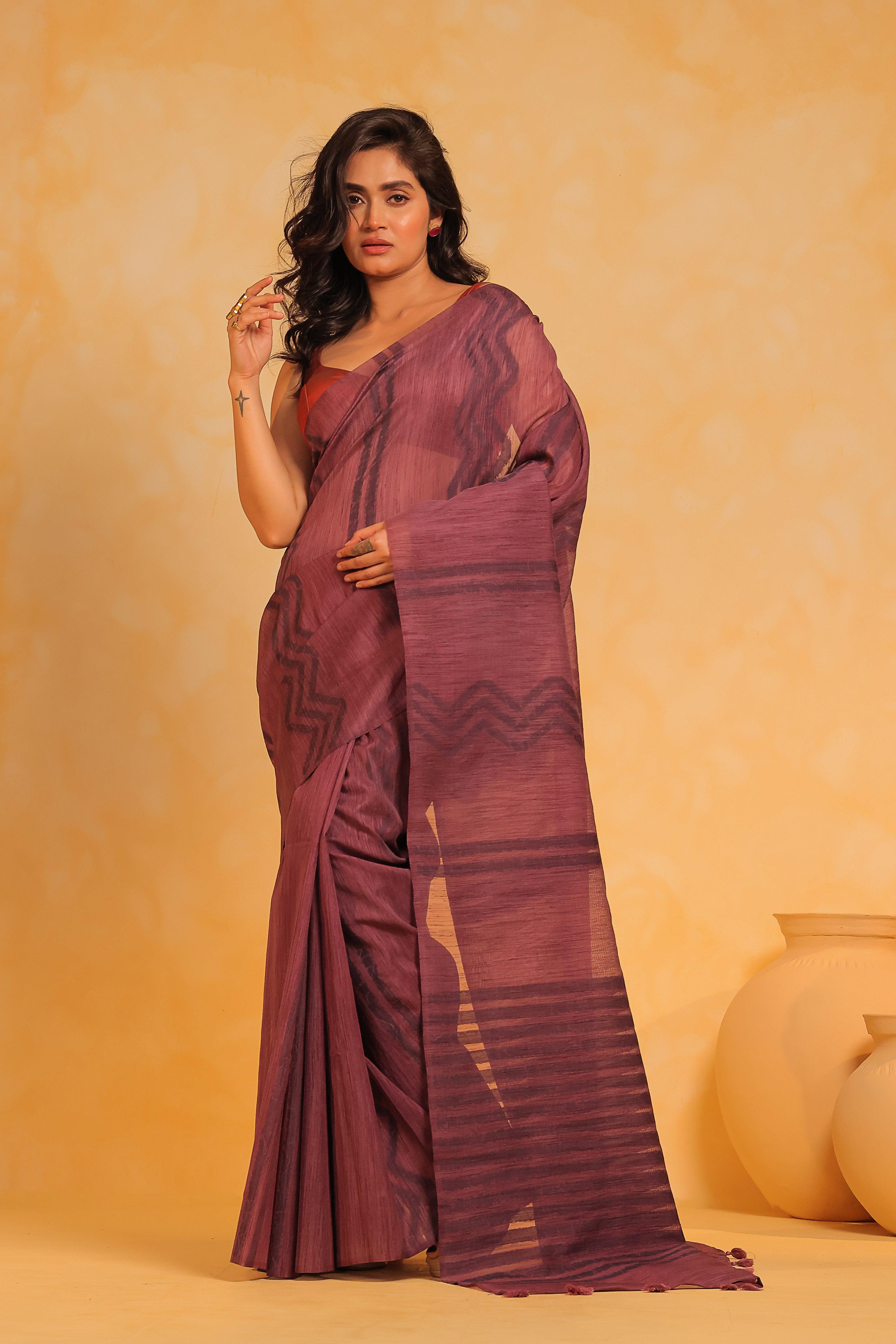 KAVVYA soft & lightweight mauve color linen handloom saree - KAVVYA 