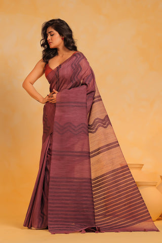 KAVVYA soft & lightweight mauve color linen handloom saree - KAVVYA 