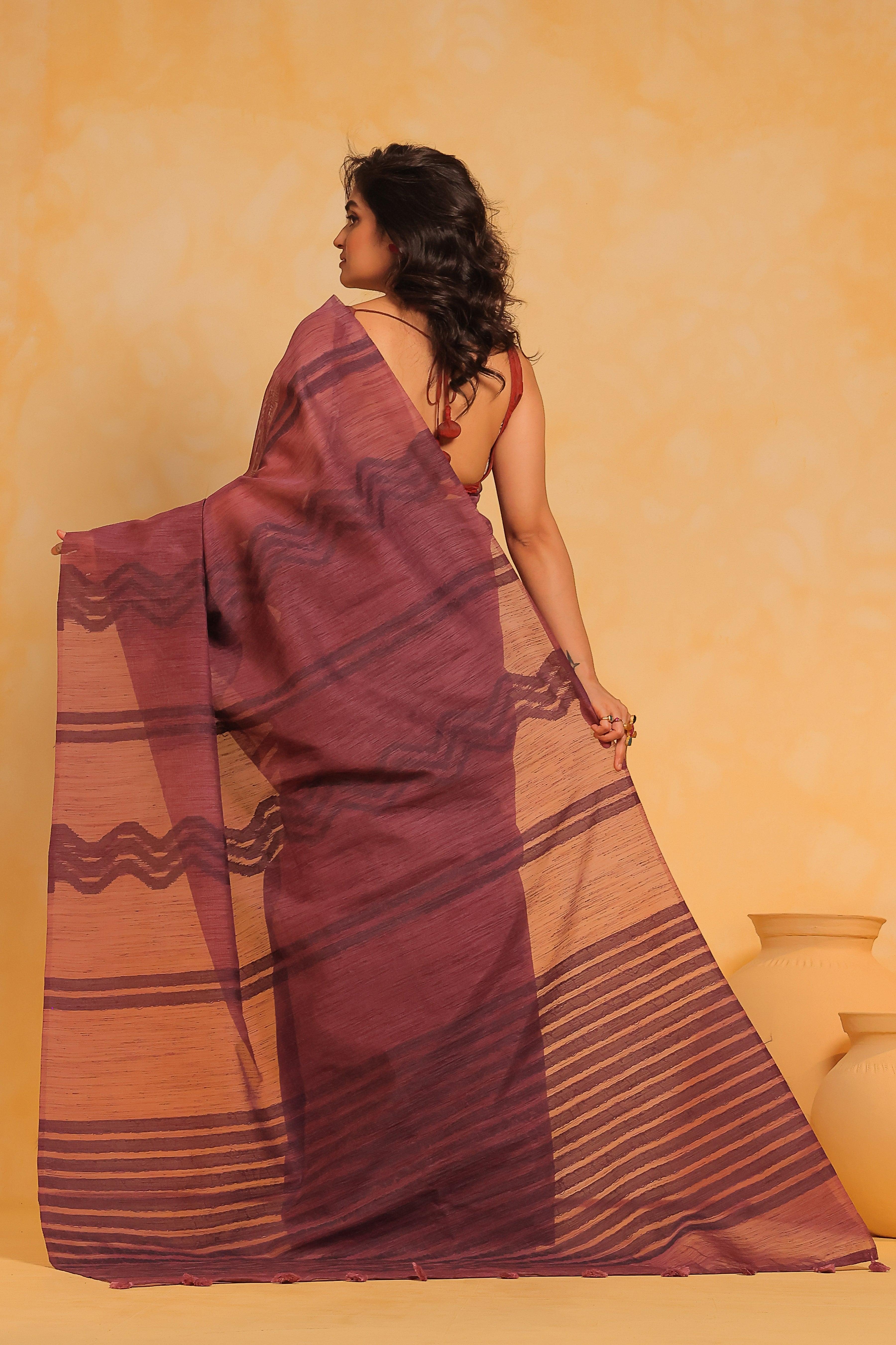 KAVVYA soft & lightweight mauve color linen handloom saree - KAVVYA 