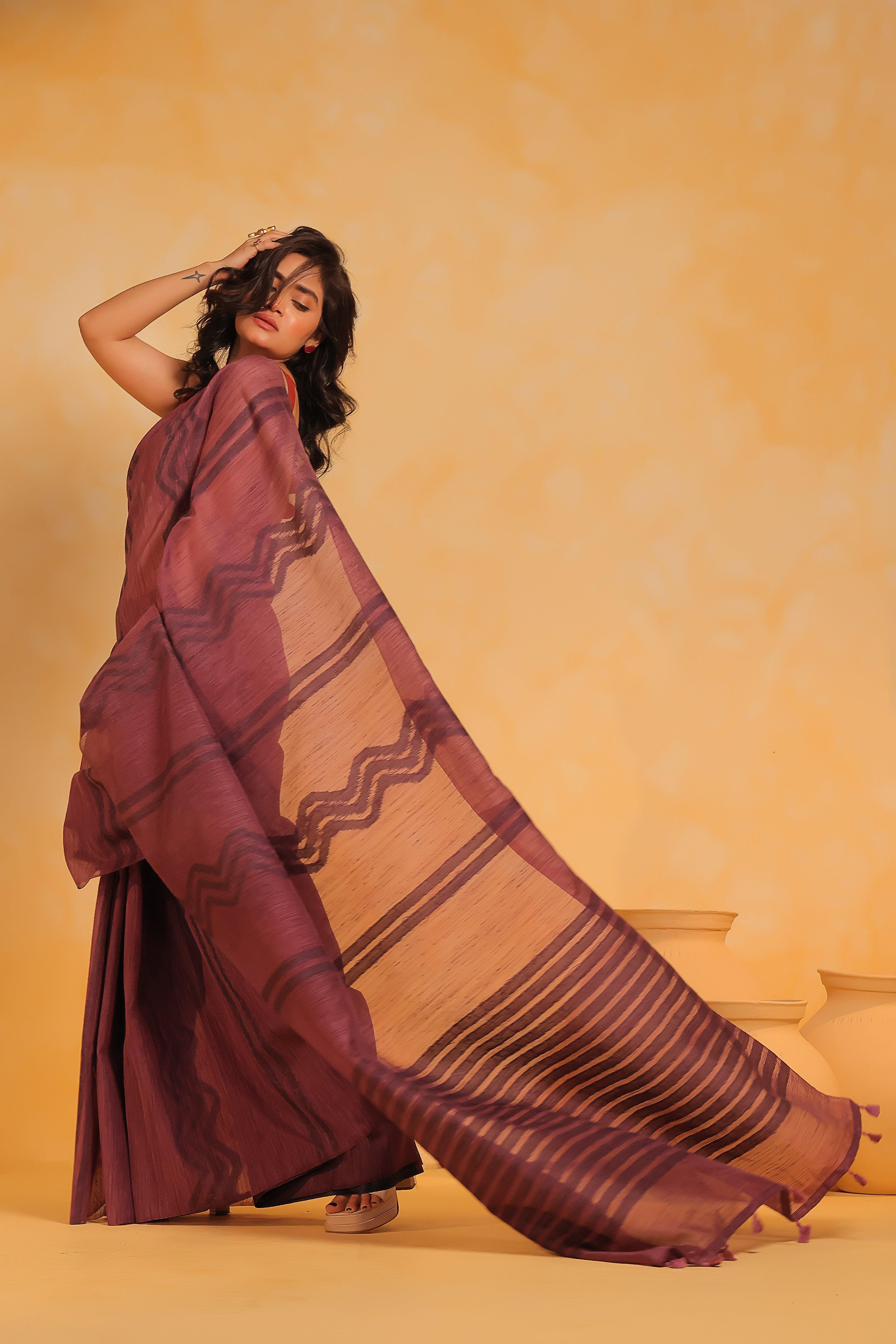 KAVVYA soft & lightweight mauve color linen handloom saree - KAVVYA 