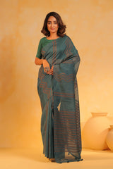 KAVVYA soft & lightweight pine green color linen handloom saree - KAVVYA 