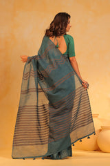 KAVVYA soft & lightweight pine green color linen handloom saree - KAVVYA 