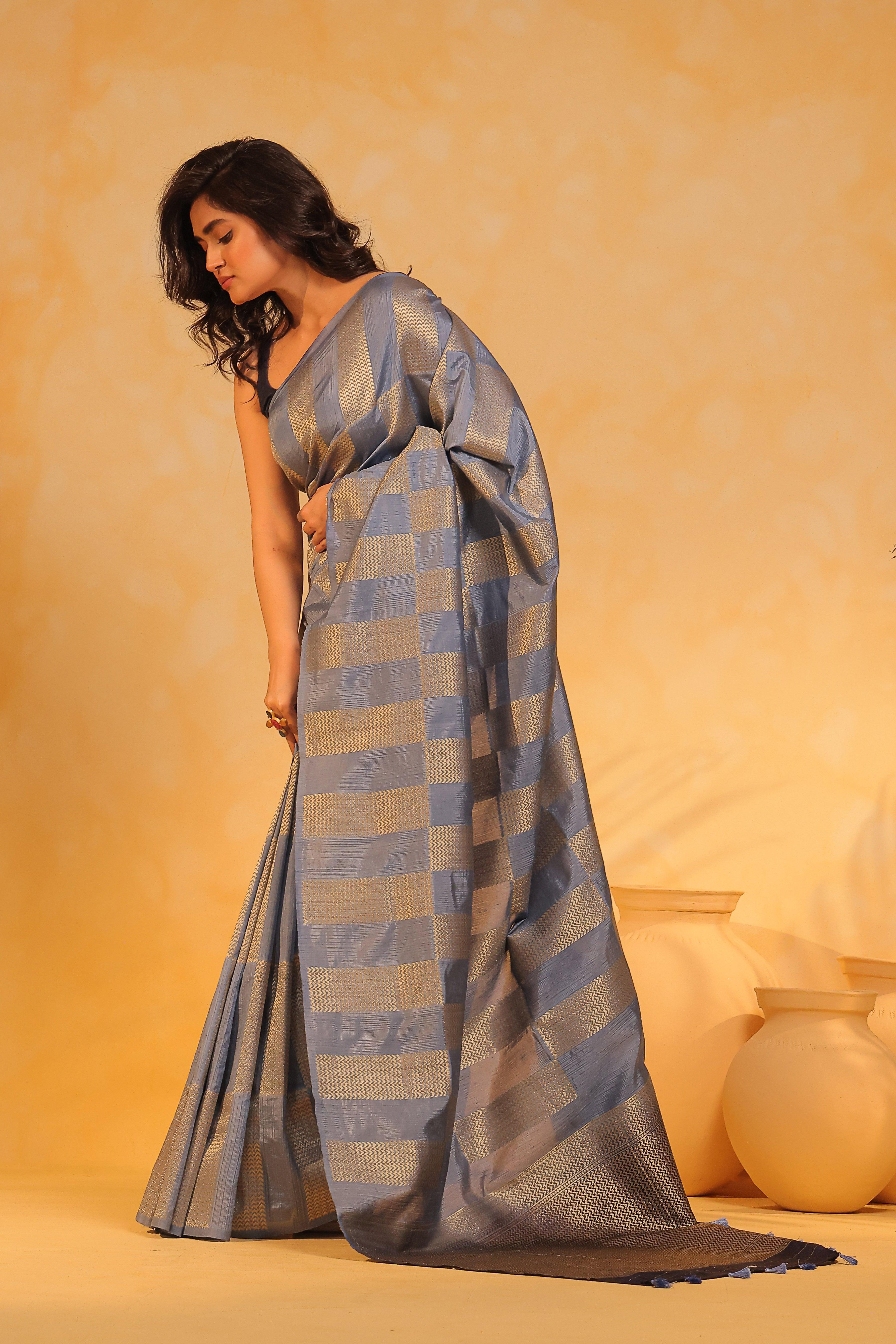 KAVVYA soft & lightweight blue color benarasi handloom saree - KAVVYA 