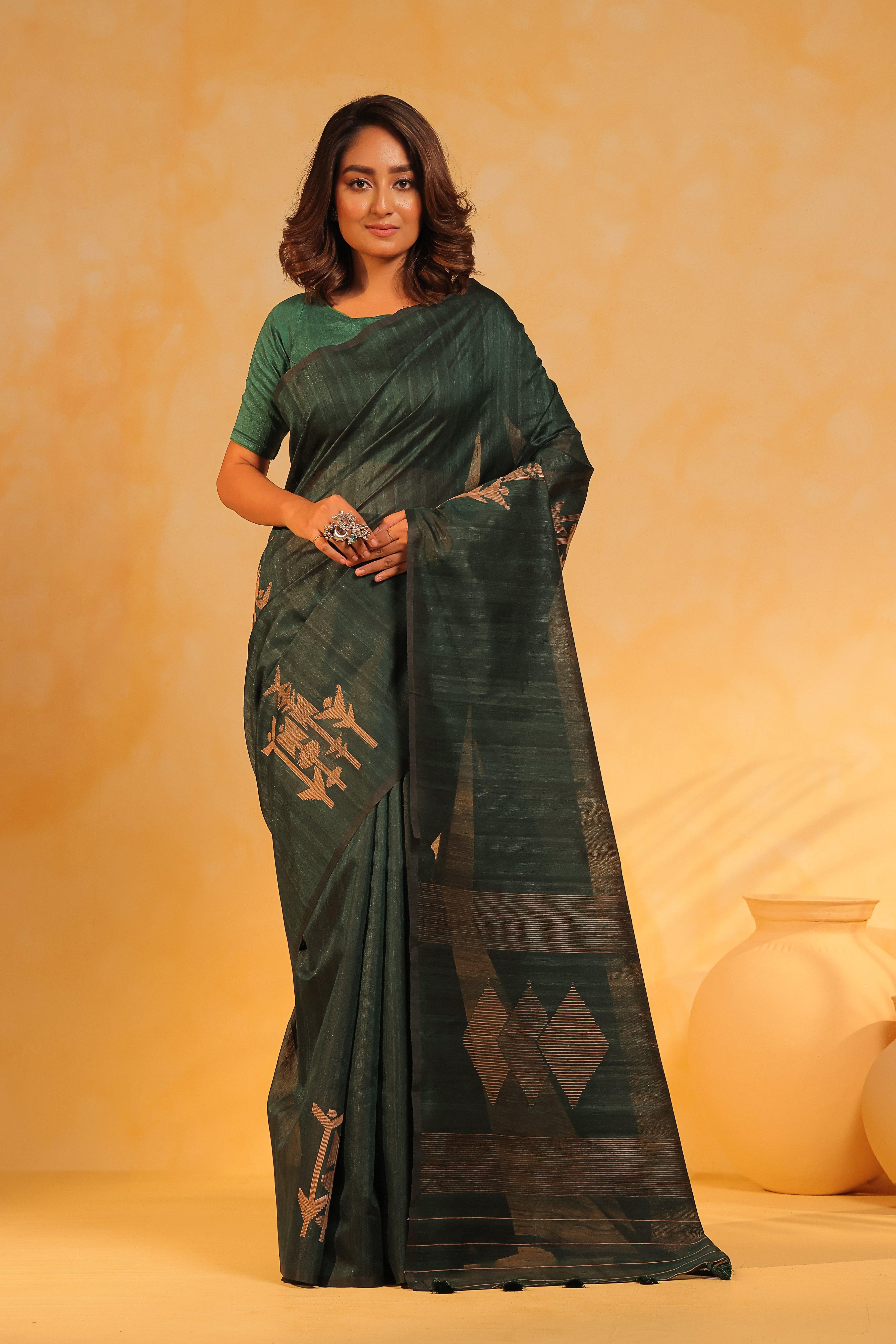 KAVVYA soft & lightweight green color benarasi handloom saree - KAVVYA 