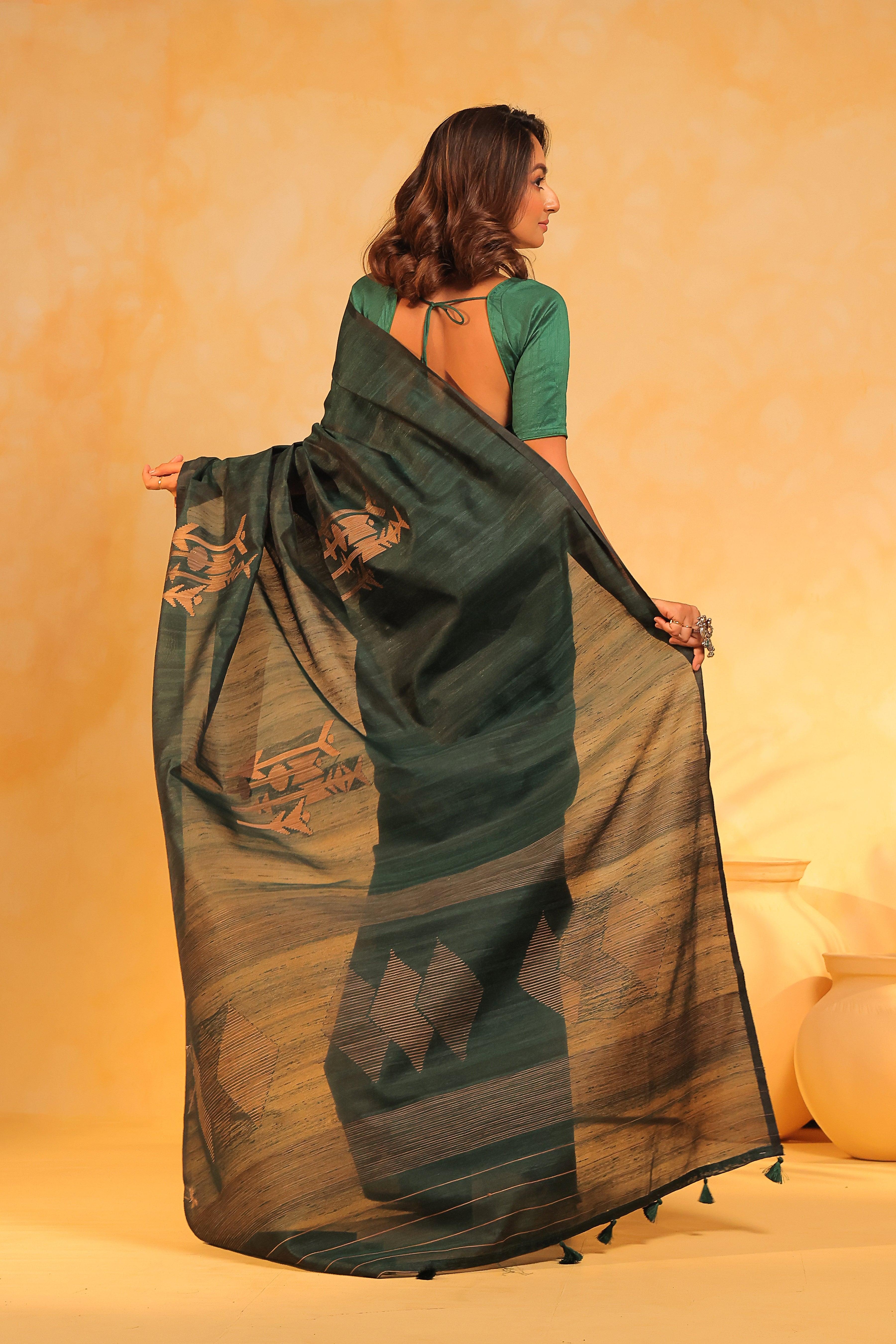 KAVVYA soft & lightweight green color benarasi handloom saree - KAVVYA 