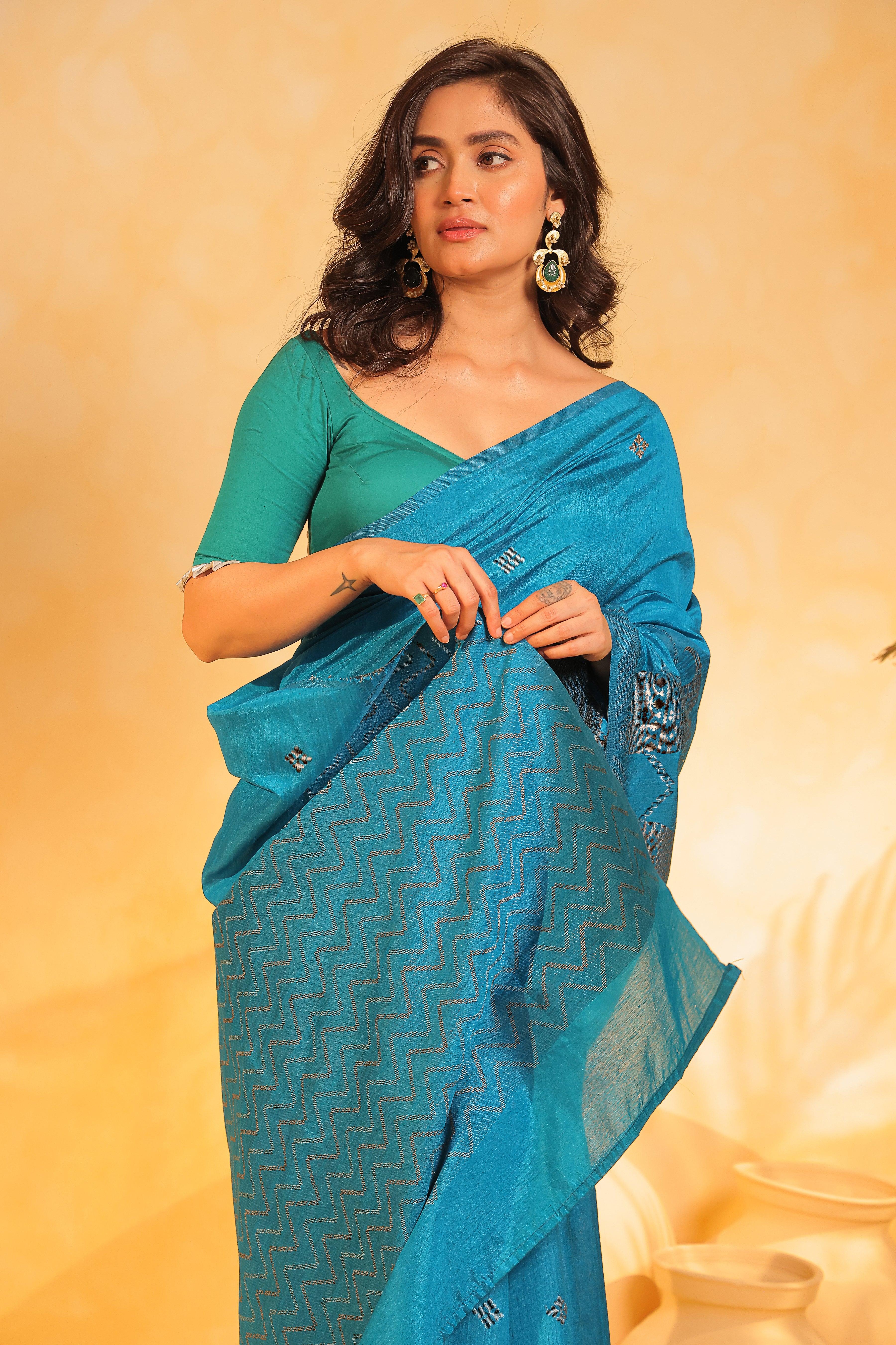 KAVVYA soft & lightweight torquish blus color benarasi handloom saree - KAVVYA 