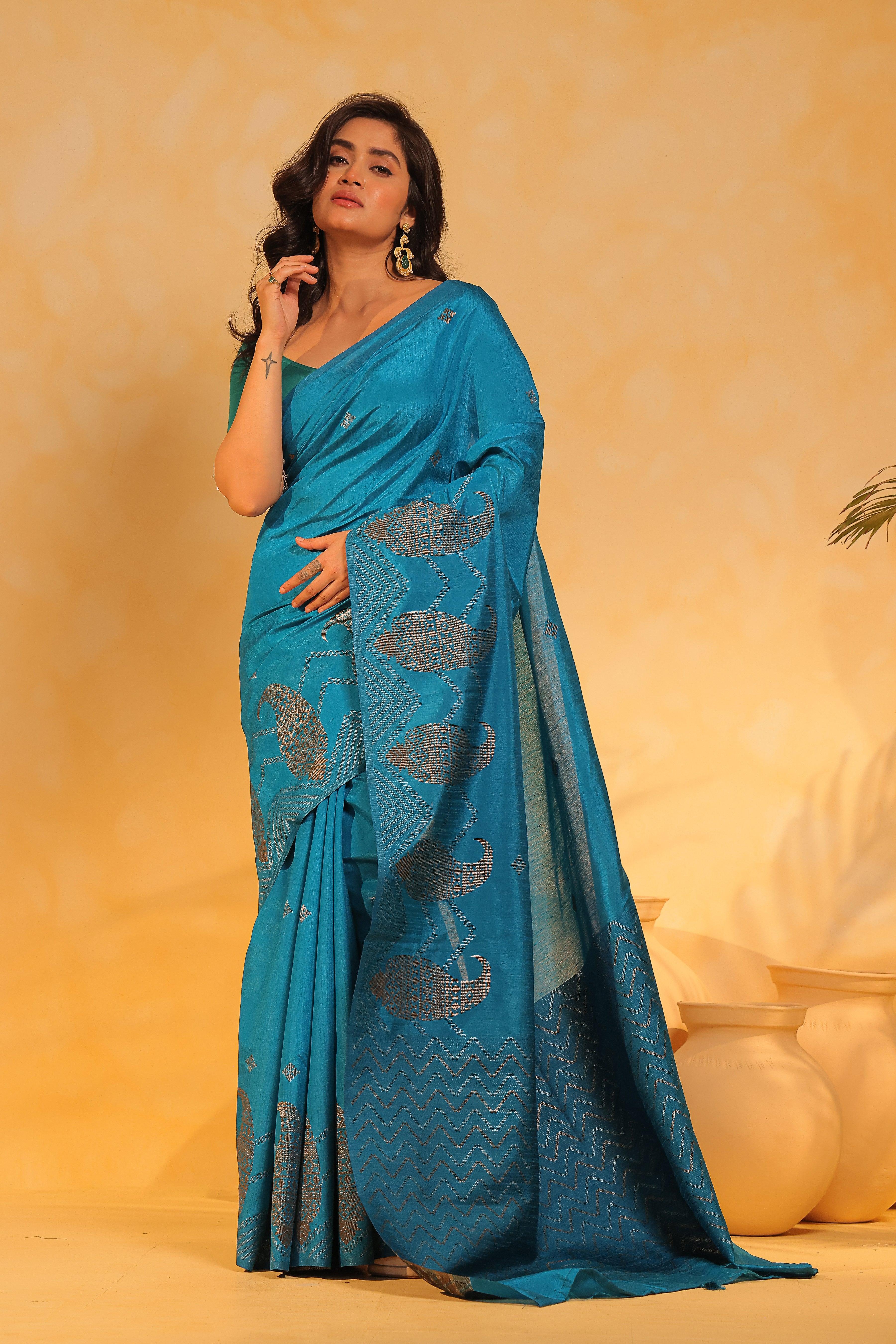 KAVVYA soft & lightweight torquish blus color benarasi handloom saree - KAVVYA 