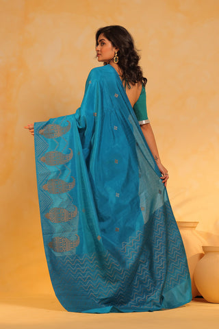 KAVVYA soft & lightweight torquish blus color benarasi handloom saree - KAVVYA 