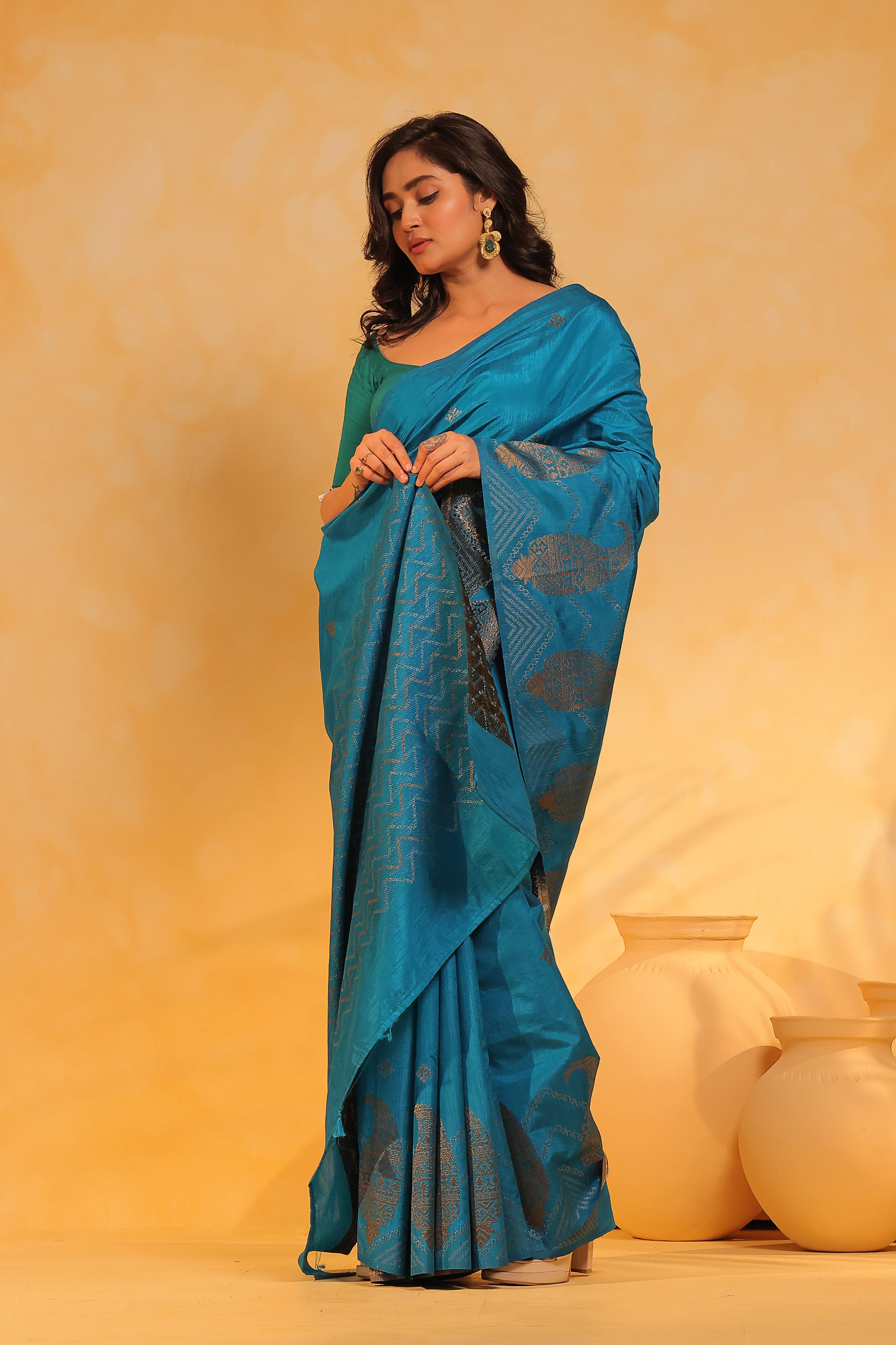 KAVVYA soft & lightweight torquish blus color benarasi handloom saree - KAVVYA 