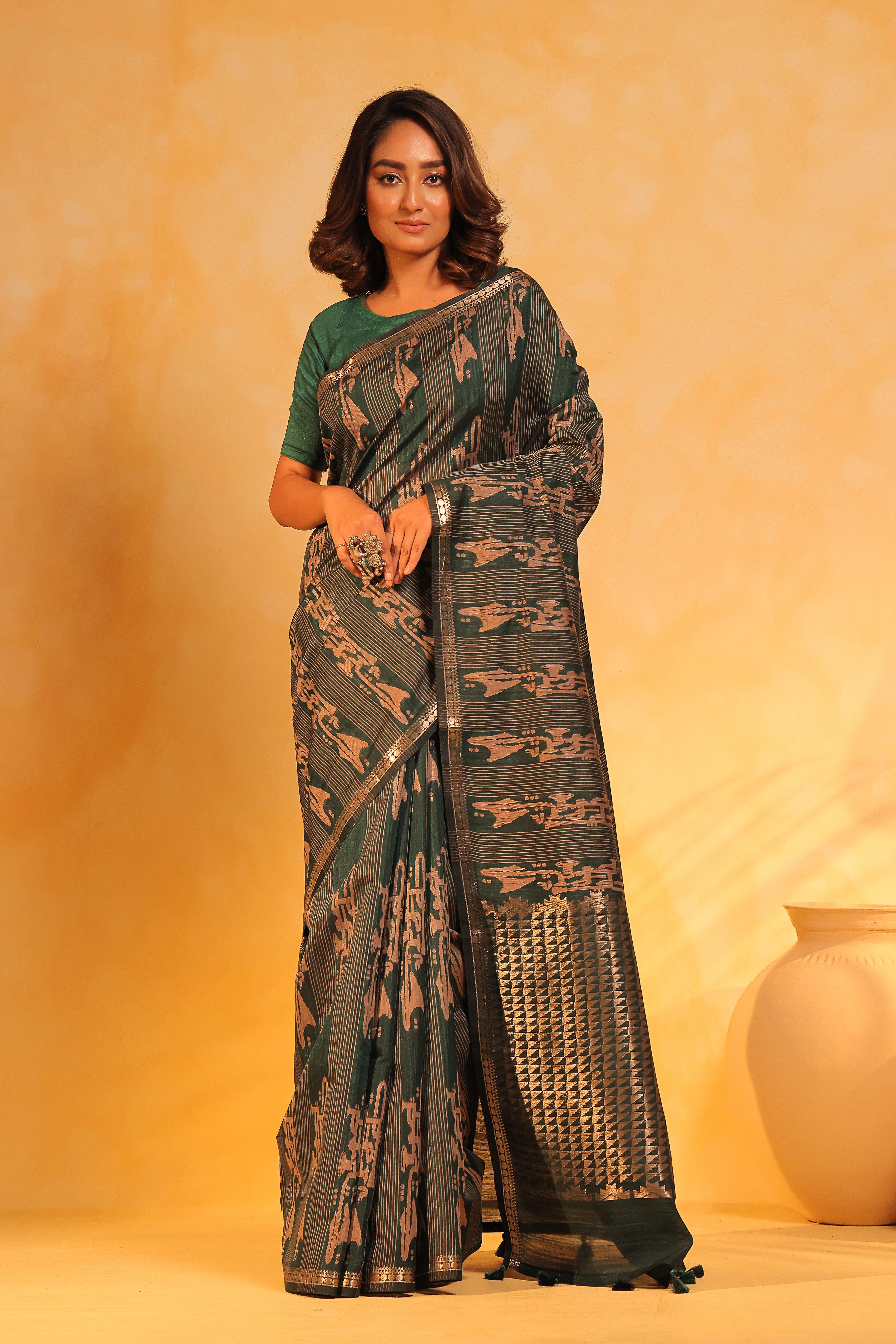 KAVVYA soft & lightweight bottle green color benarasi handloom saree - KAVVYA 