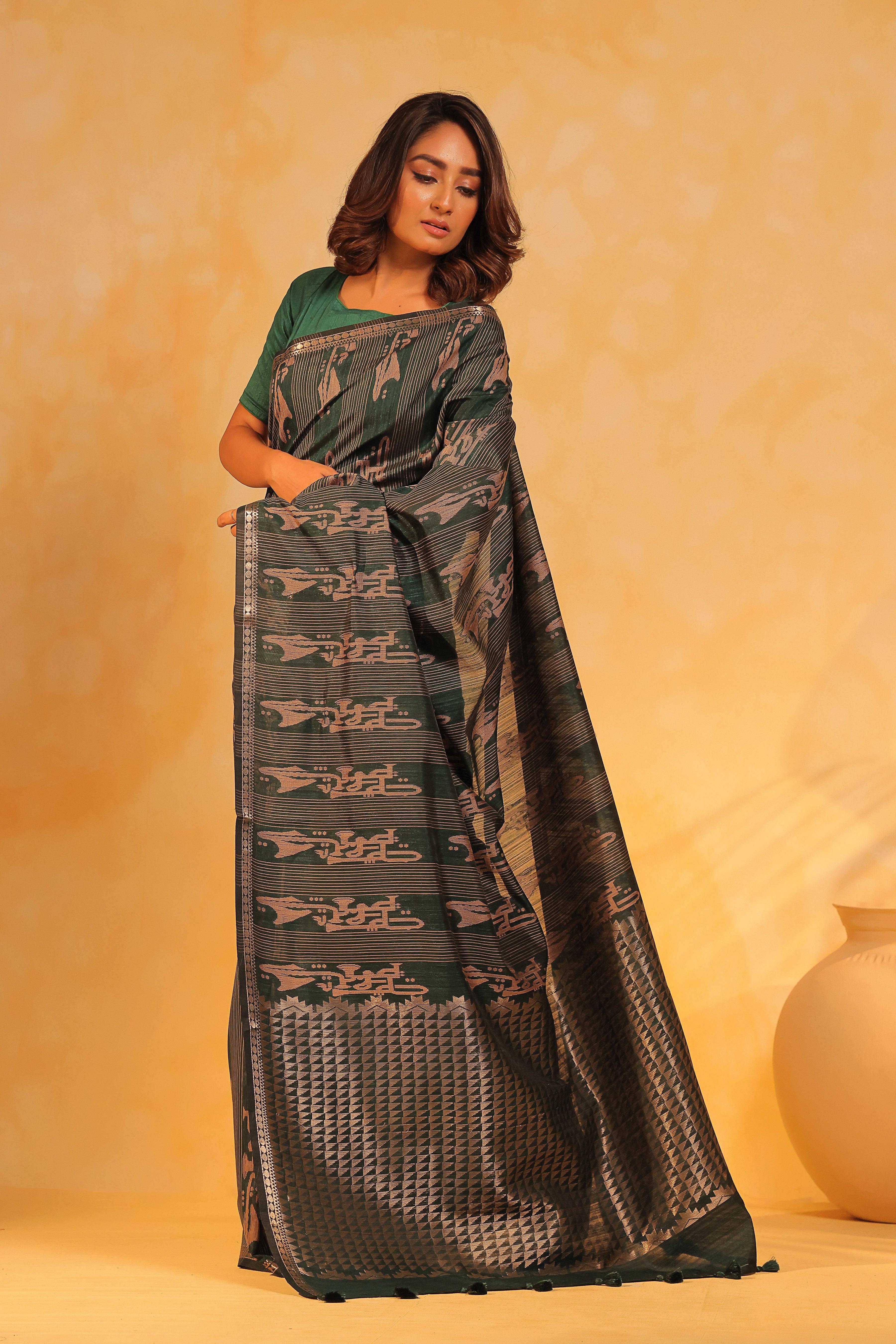 KAVVYA soft & lightweight bottle green color benarasi handloom saree - KAVVYA 