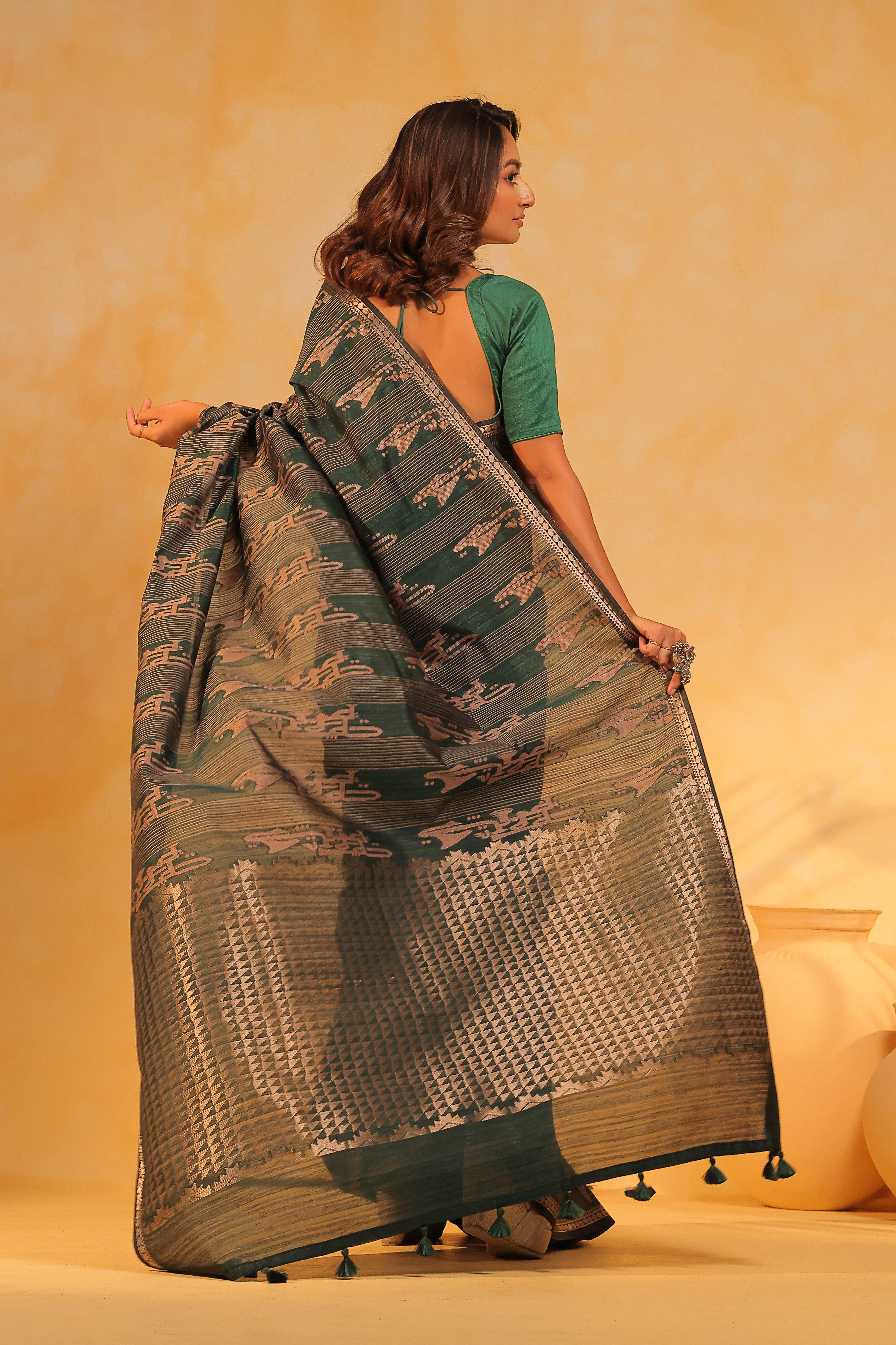 KAVVYA soft & lightweight bottle green color benarasi handloom saree - KAVVYA 