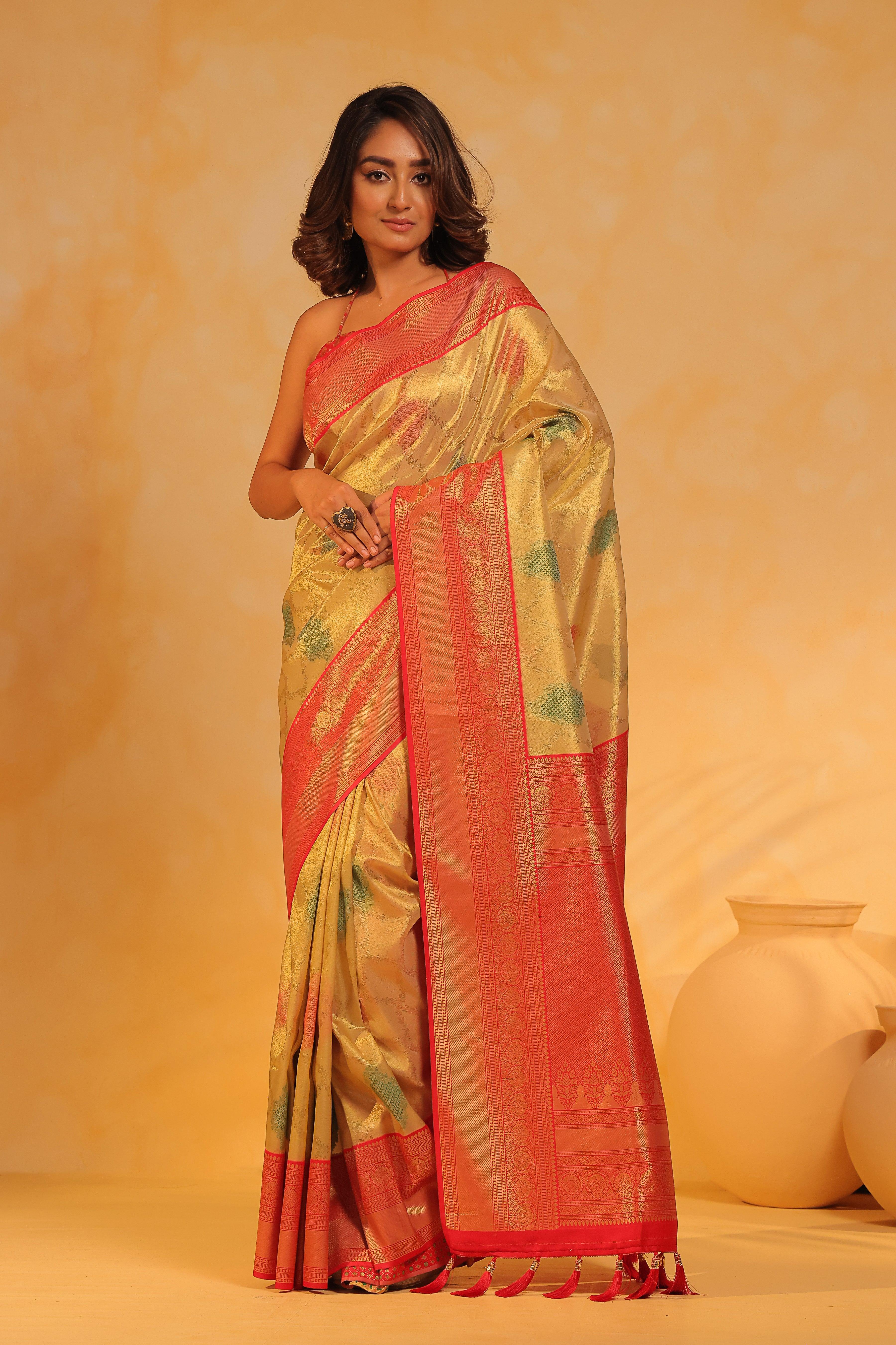 KAVVYA soft and lightweight golden color weaving silk saree - KAVVYA 