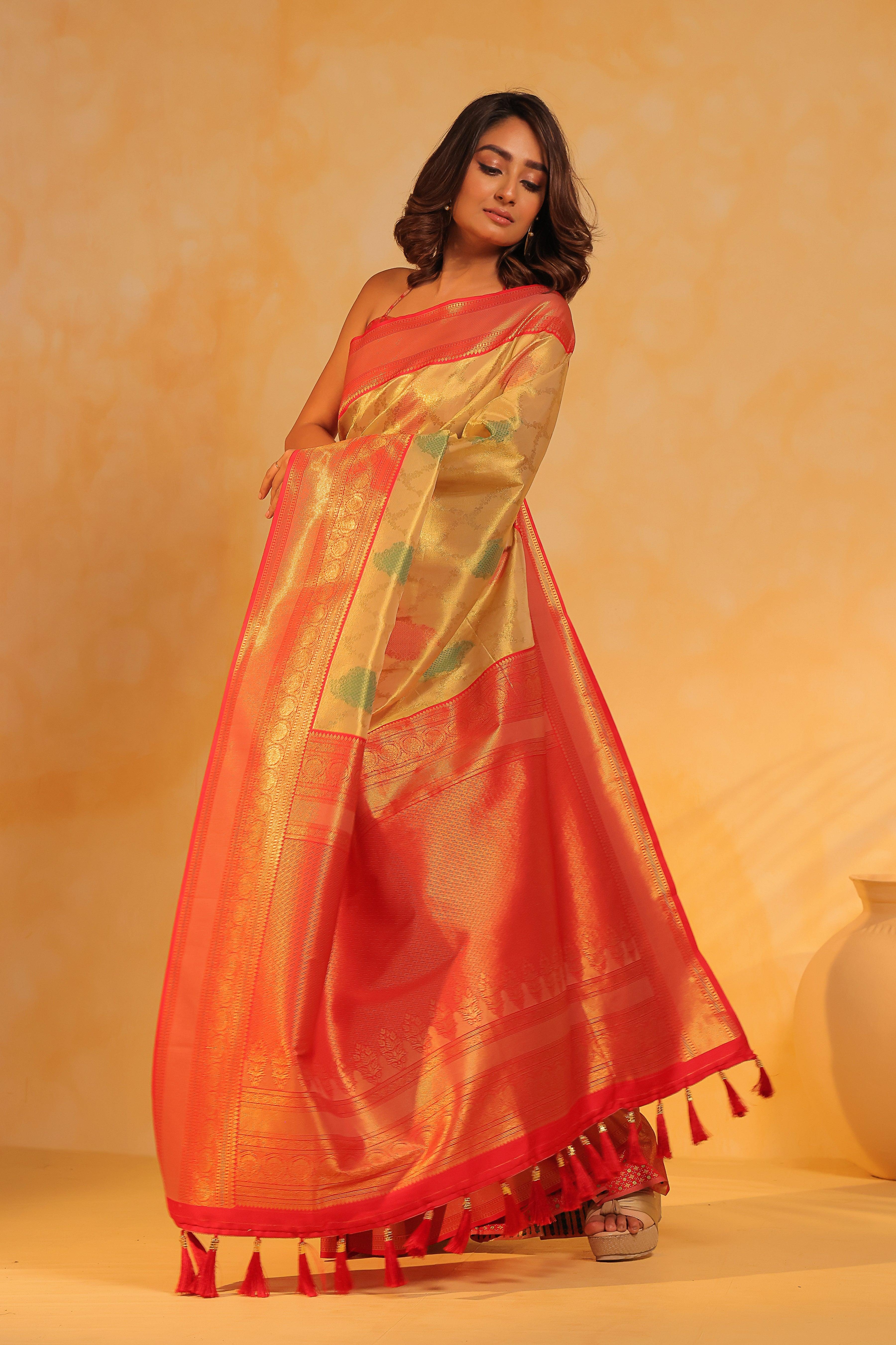 KAVVYA soft and lightweight golden color weaving silk saree - KAVVYA 