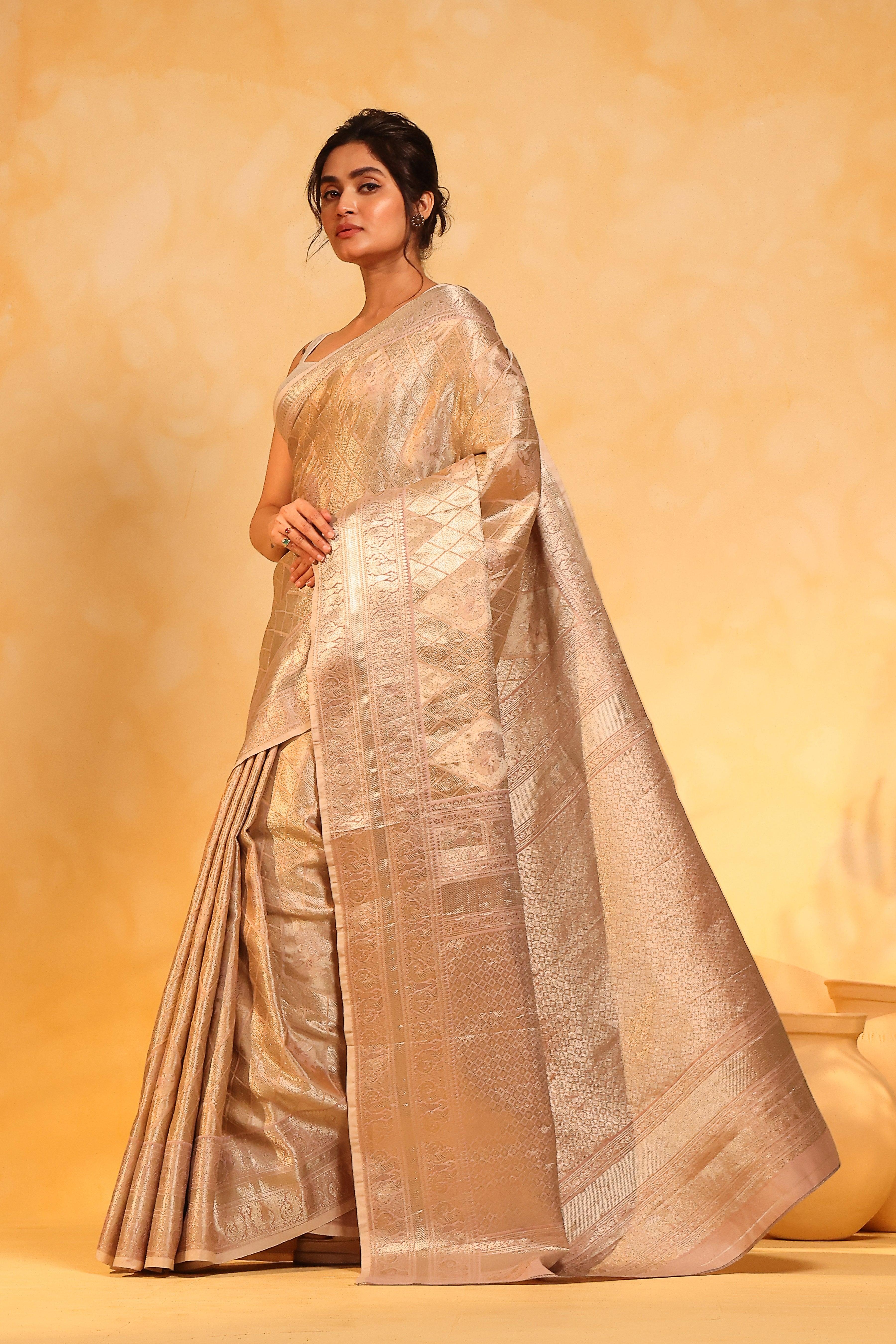 KAVVYA soft and lightweight peach color weaving silk saree - KAVVYA 