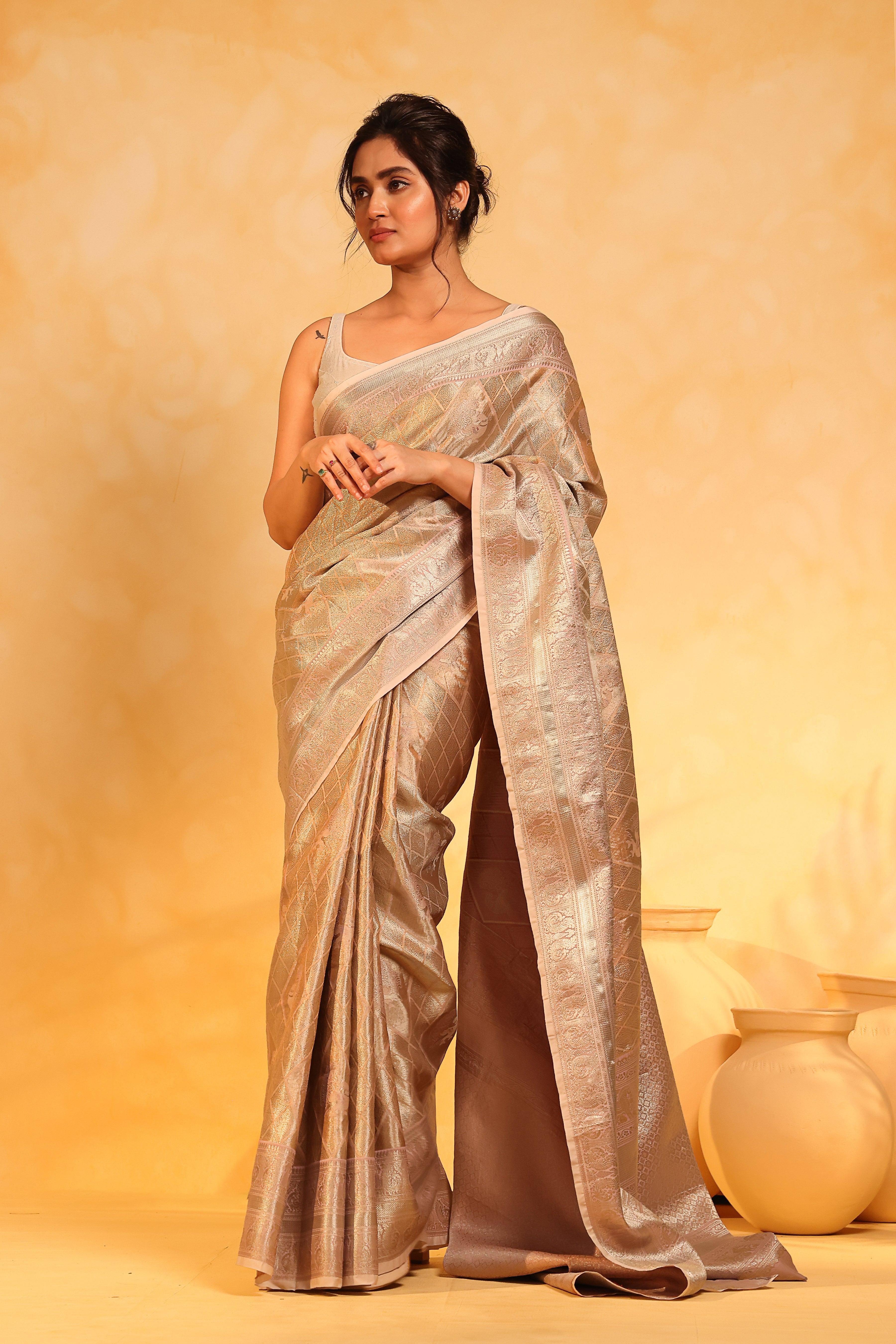 KAVVYA soft and lightweight peach color weaving silk saree - KAVVYA 