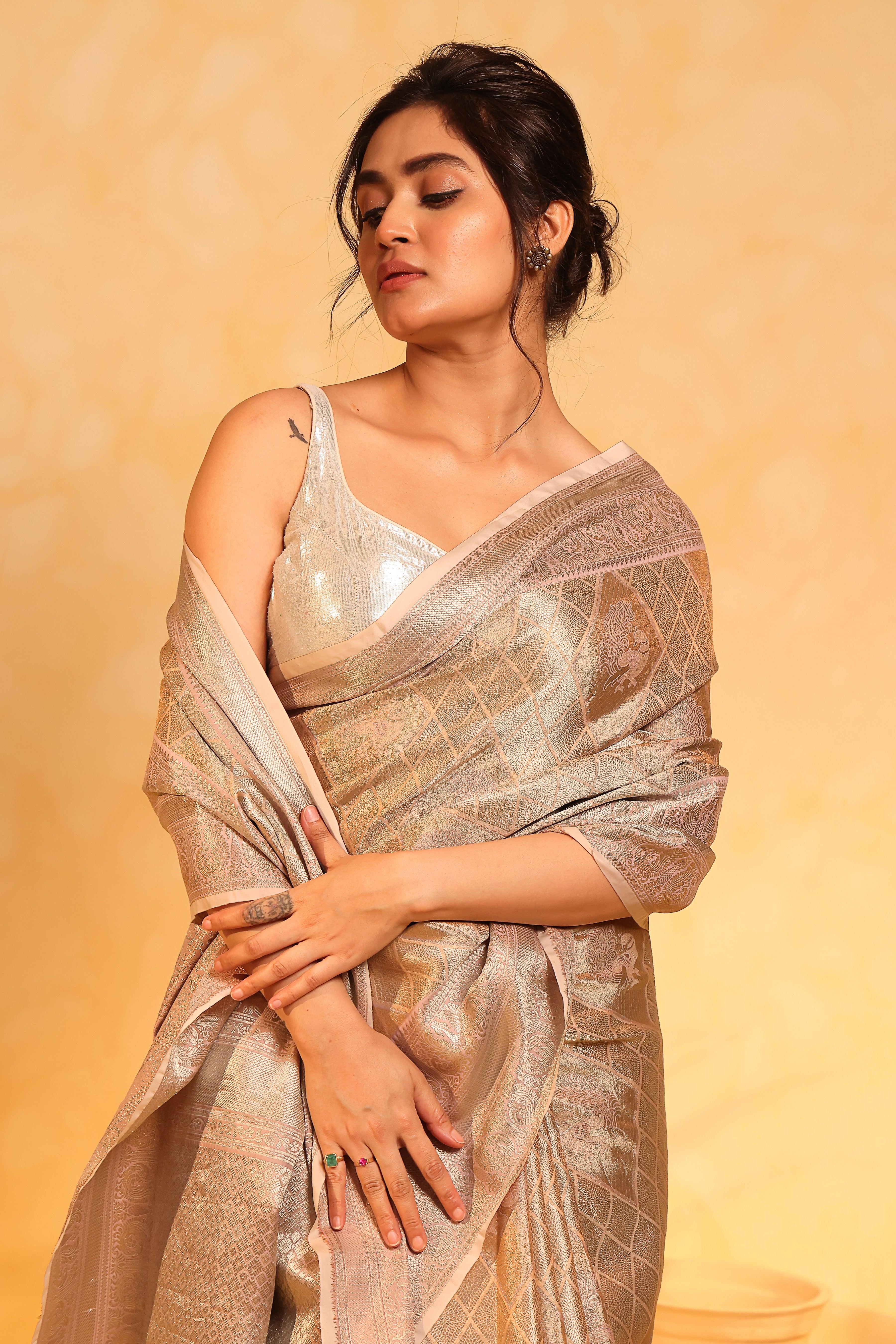 KAVVYA soft and lightweight peach color weaving silk saree - KAVVYA 