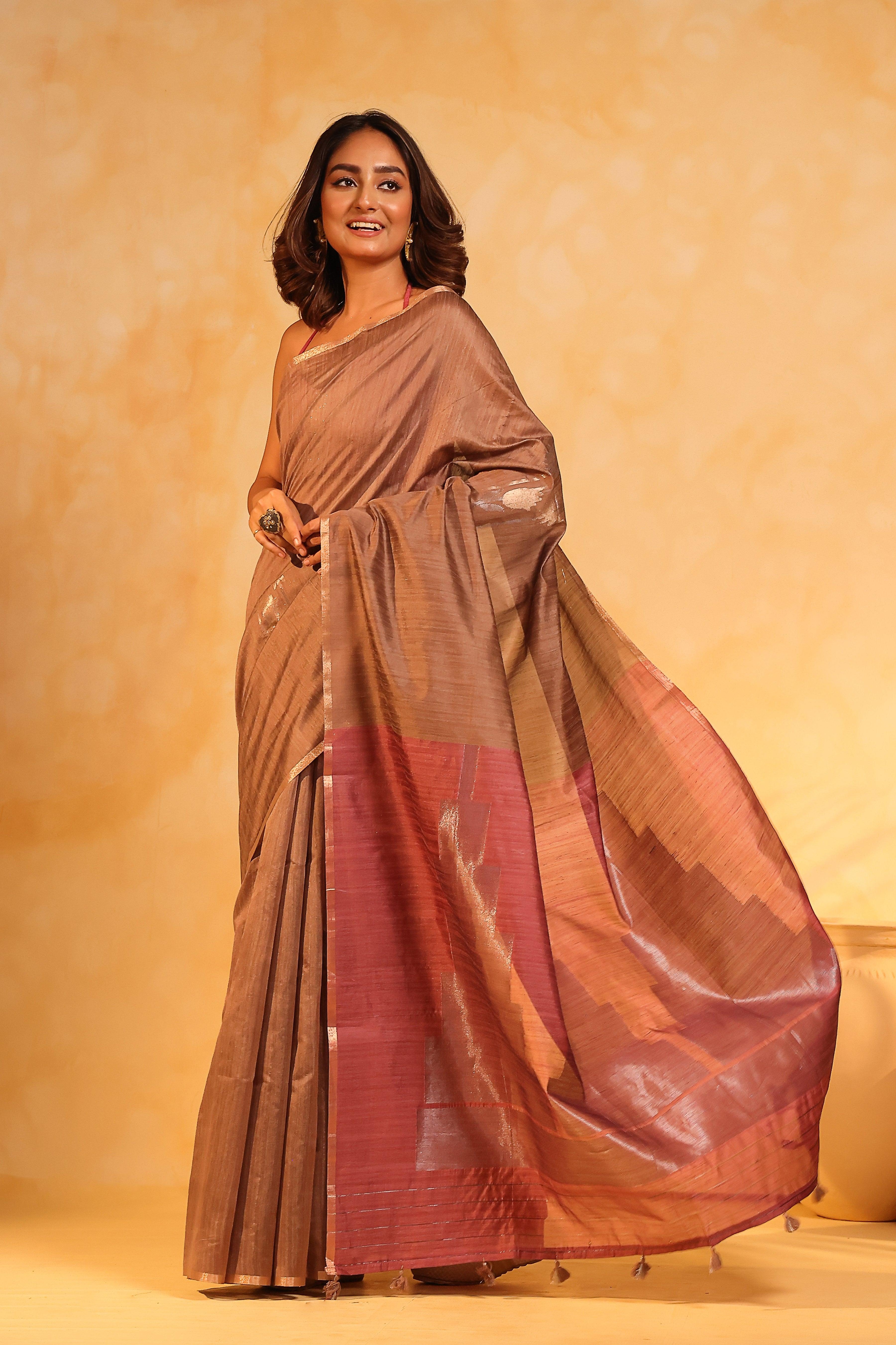 KAVVYA soft and lightweight camel brown color weaving silk saree - KAVVYA 