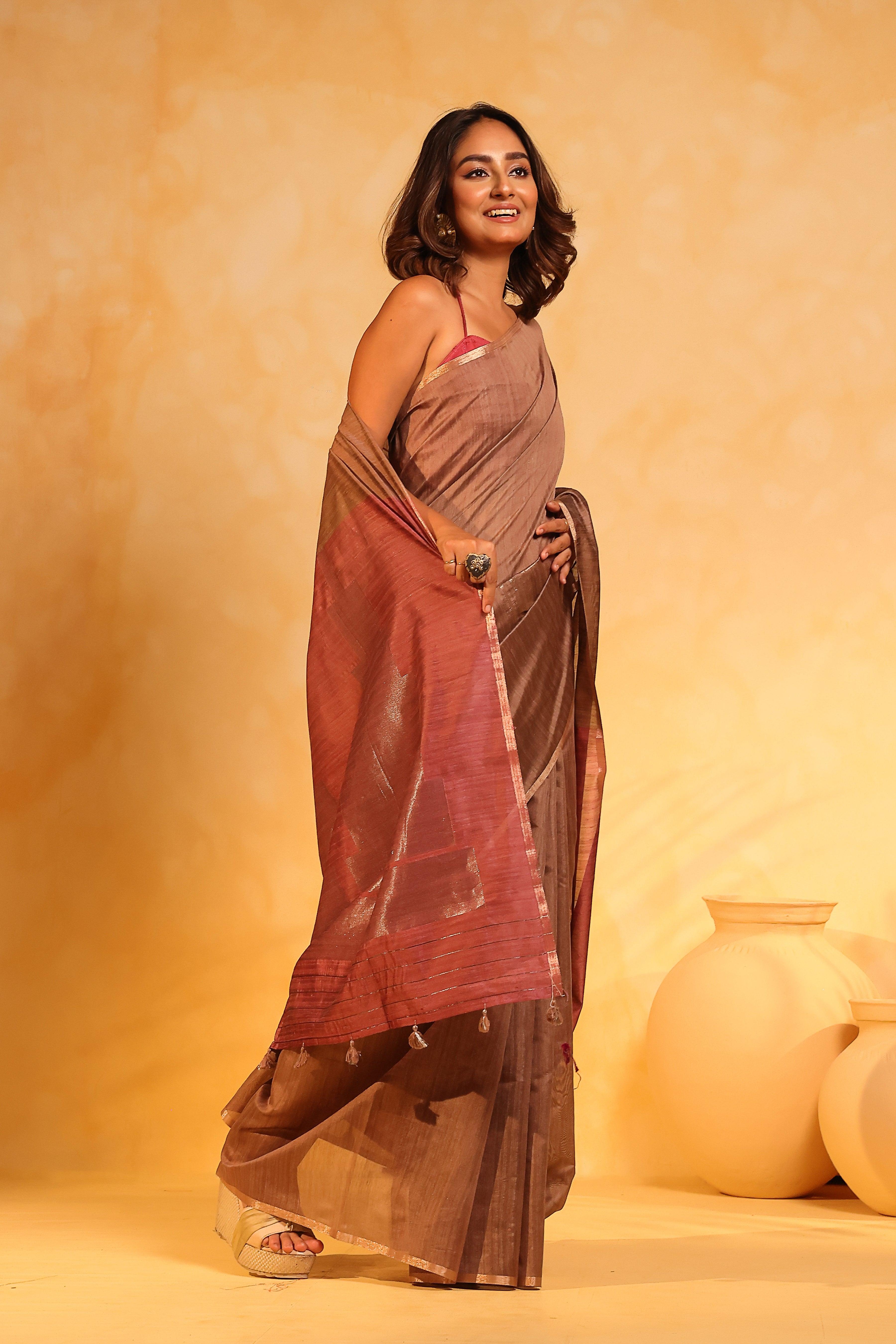 KAVVYA soft and lightweight camel brown color weaving silk saree - KAVVYA 