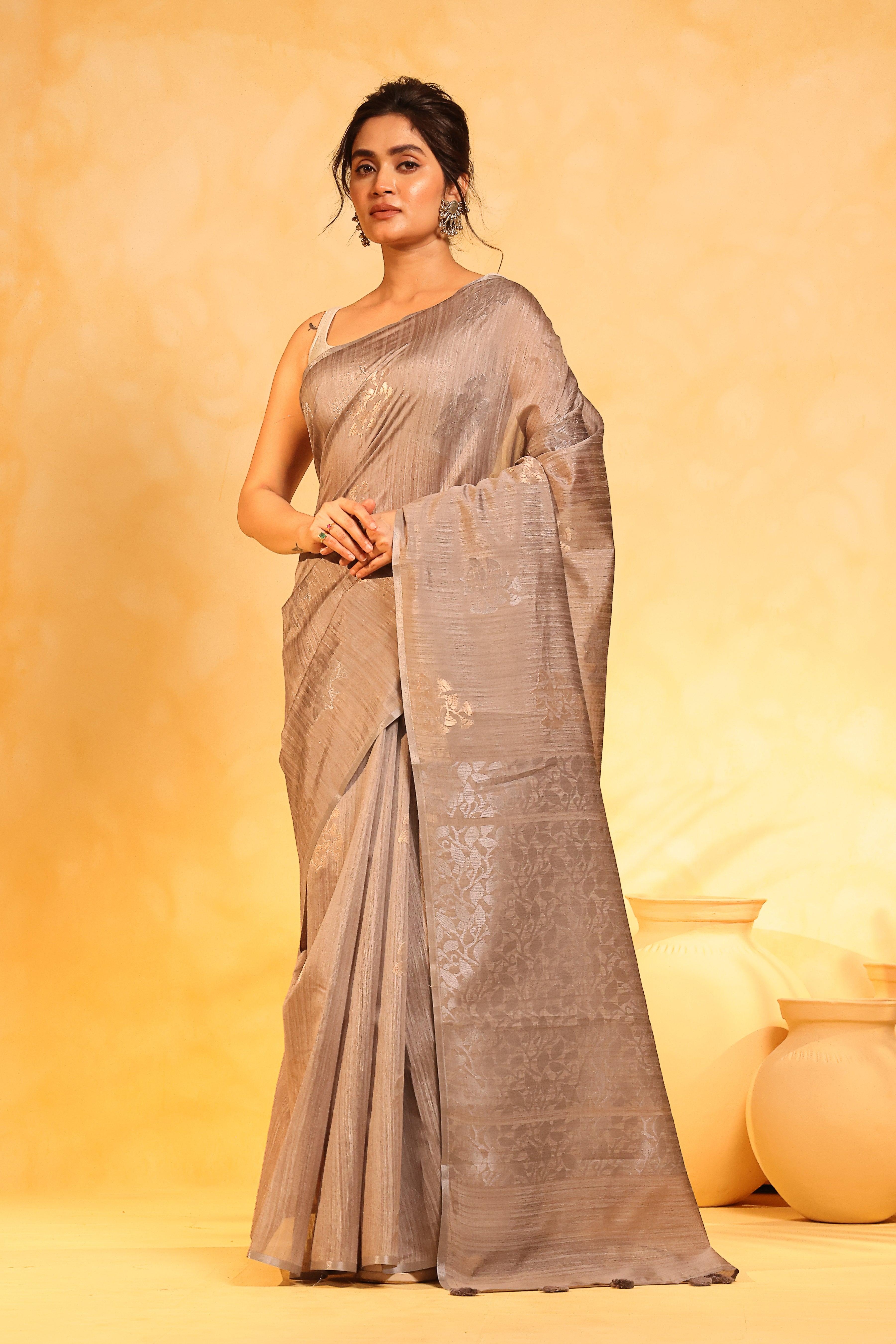 KAVVYA soft & lightweight steel grey color benarasi handloom saree - KAVVYA 