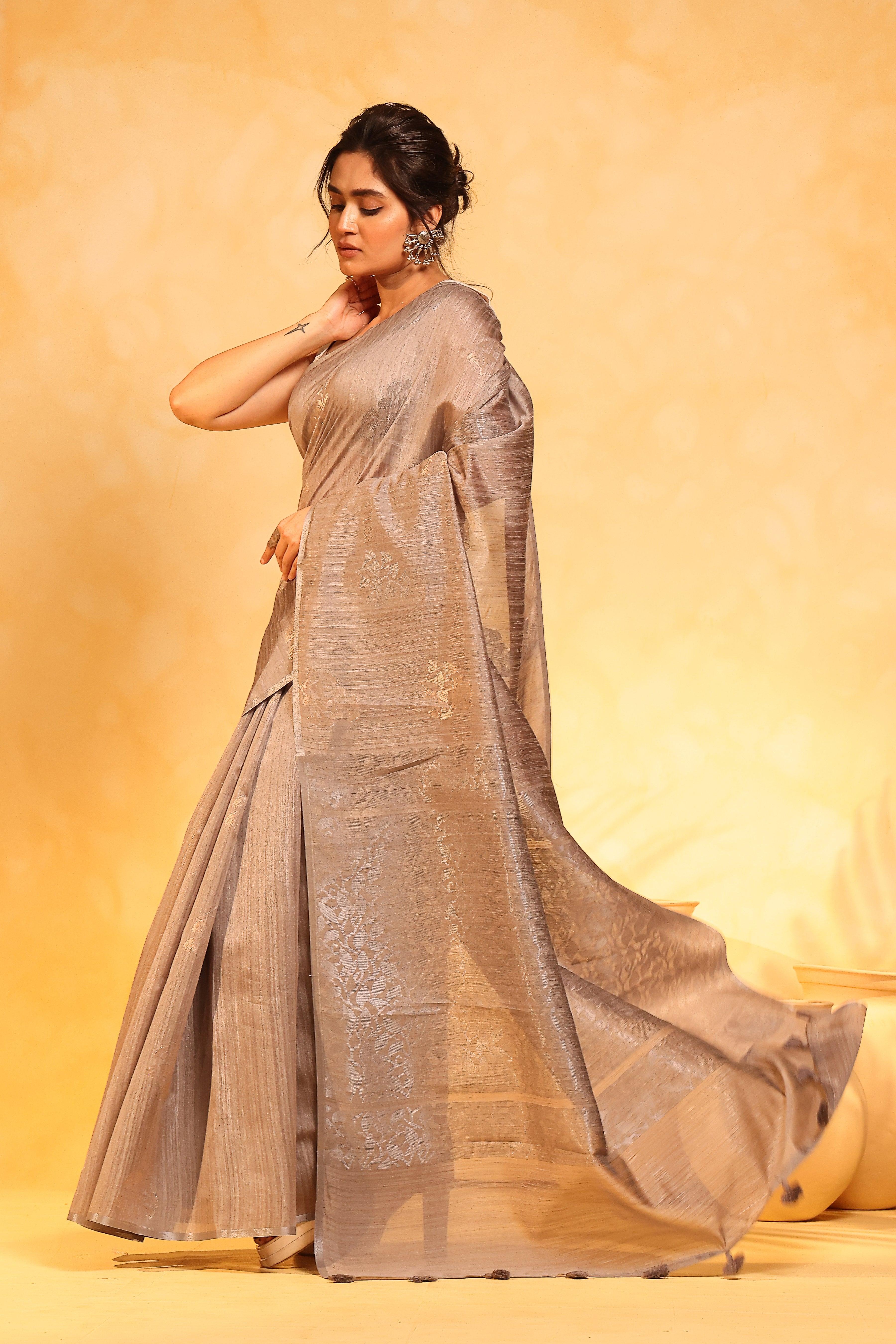 KAVVYA soft & lightweight steel grey color benarasi handloom saree - KAVVYA 