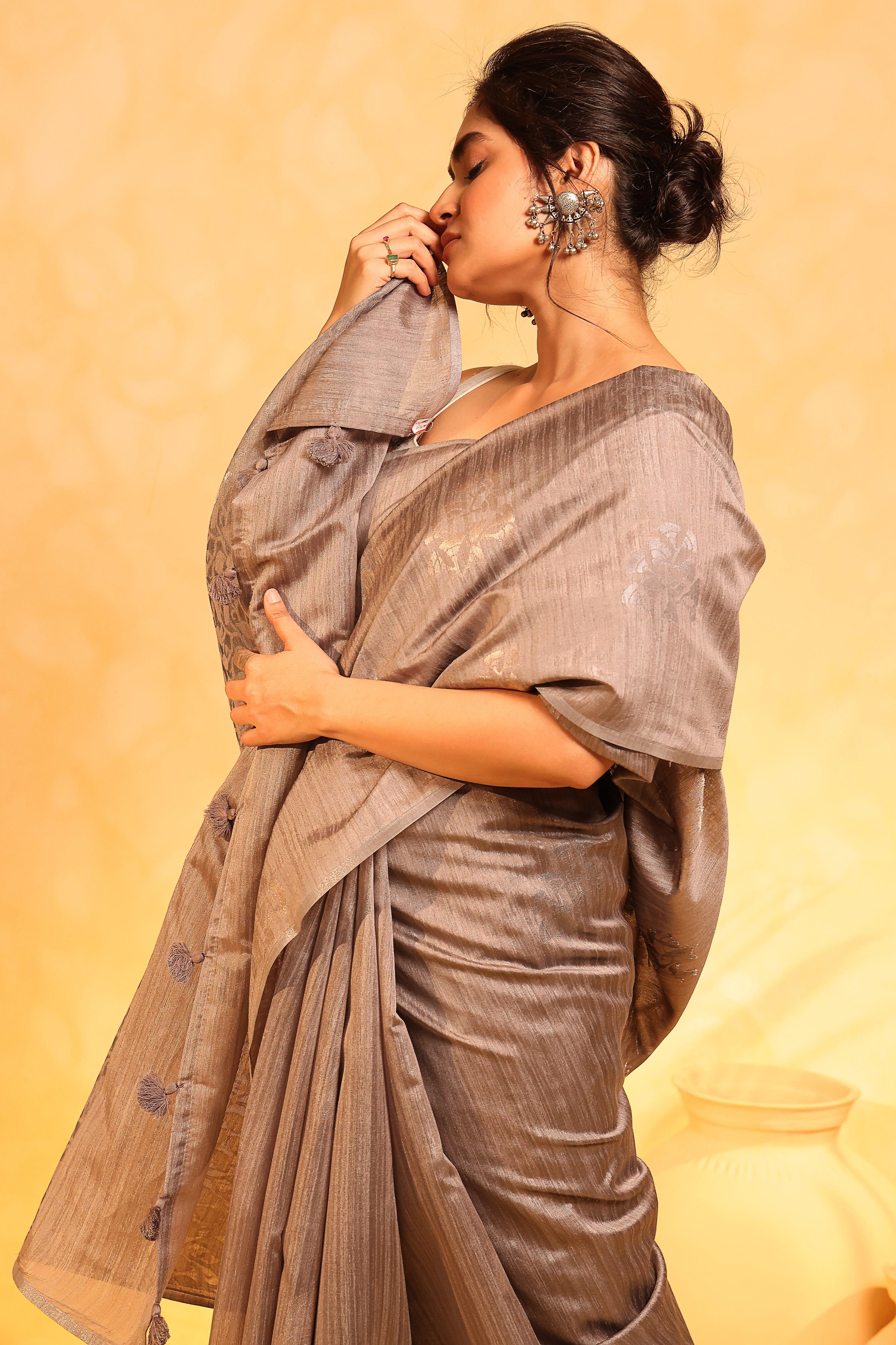 KAVVYA soft & lightweight steel grey color benarasi handloom saree - KAVVYA 