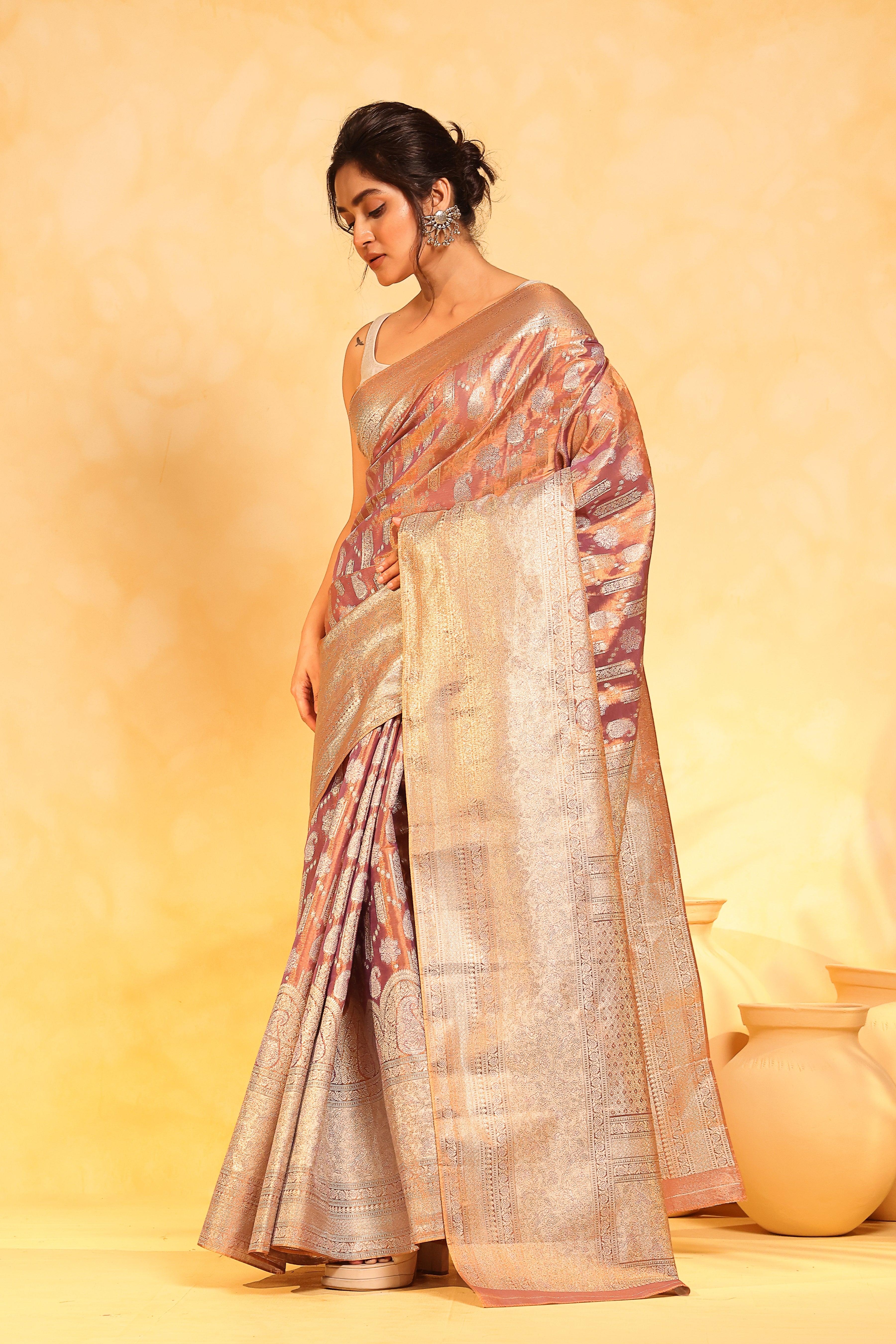 KAVVYA soft and lightweight rose gold color weaving silk saree - KAVVYA 