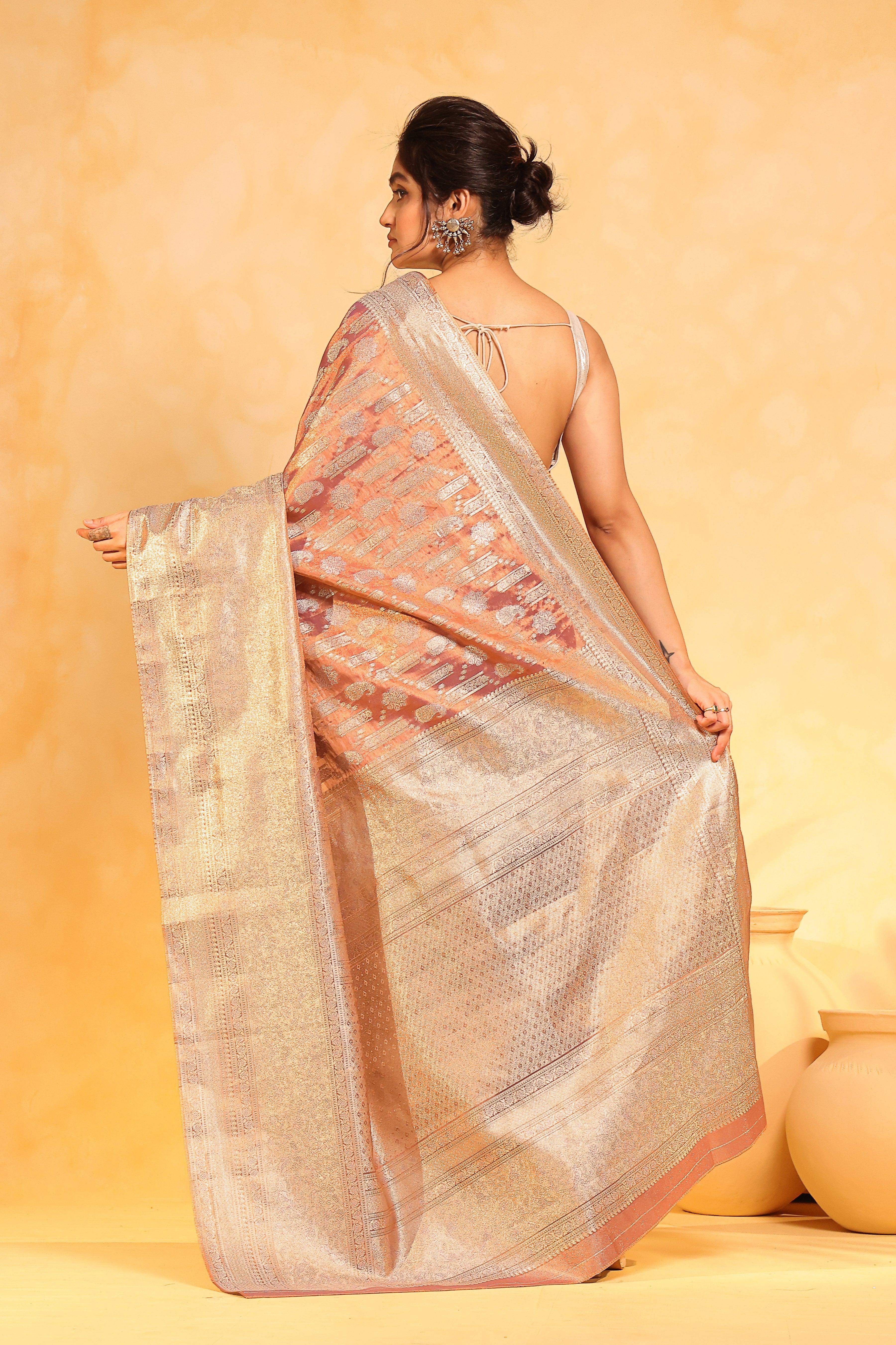 KAVVYA soft and lightweight rose gold color weaving silk saree - KAVVYA 