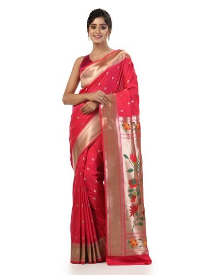 Kavvya Rani Soft & Lightweight Mulberry Silk Weaving Paithani Saree ,Solid Golden Border Big Floral Meena Palla. - KAVVYA 
