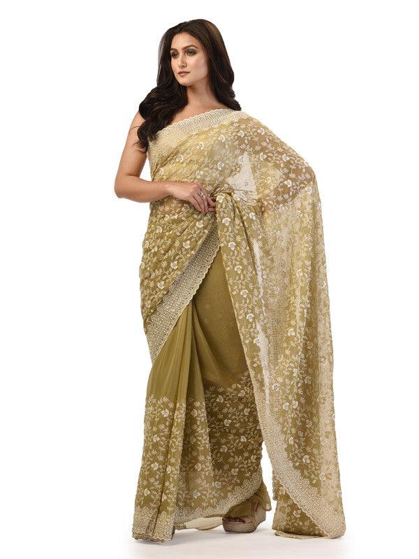 Kavvya Mehendi Green Soft & Lightweight Fancy Shimmer Chiffon Saree - KAVVYA 