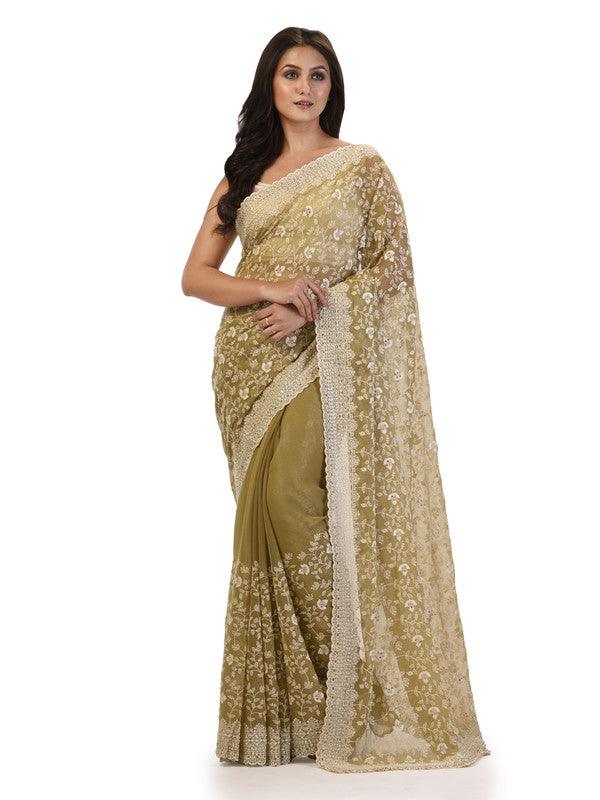 Kavvya Mehendi Green Soft & Lightweight Fancy Shimmer Chiffon Saree - KAVVYA 