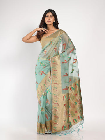 Kavvya Torquoise Blue Soft & Lightweight Kora Organza Weaving Silk Saree - KAVVYA 