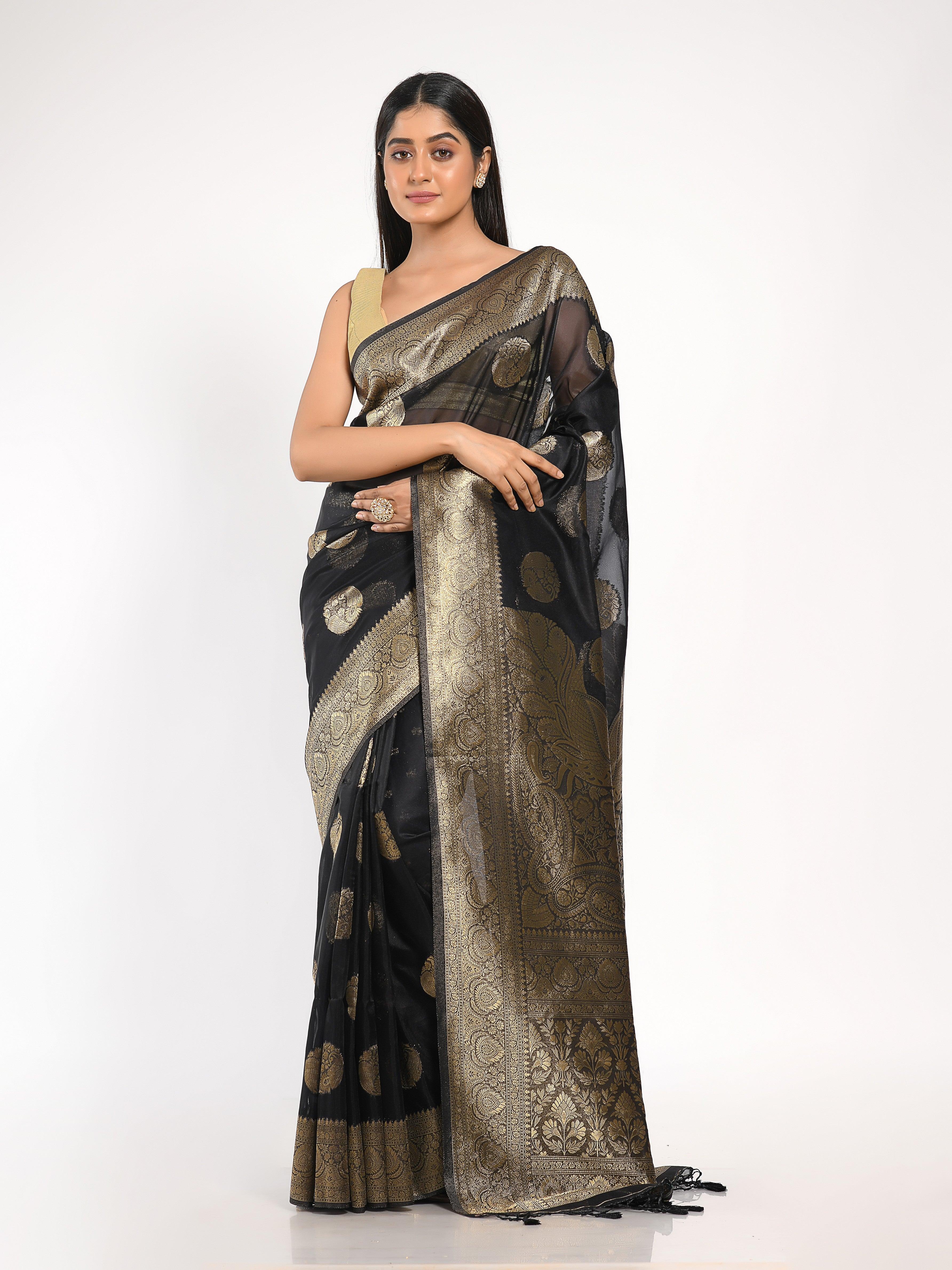 Kavvya Black Soft & Lightweight Kora Organza Weaving Silk Saree - KAVVYA 