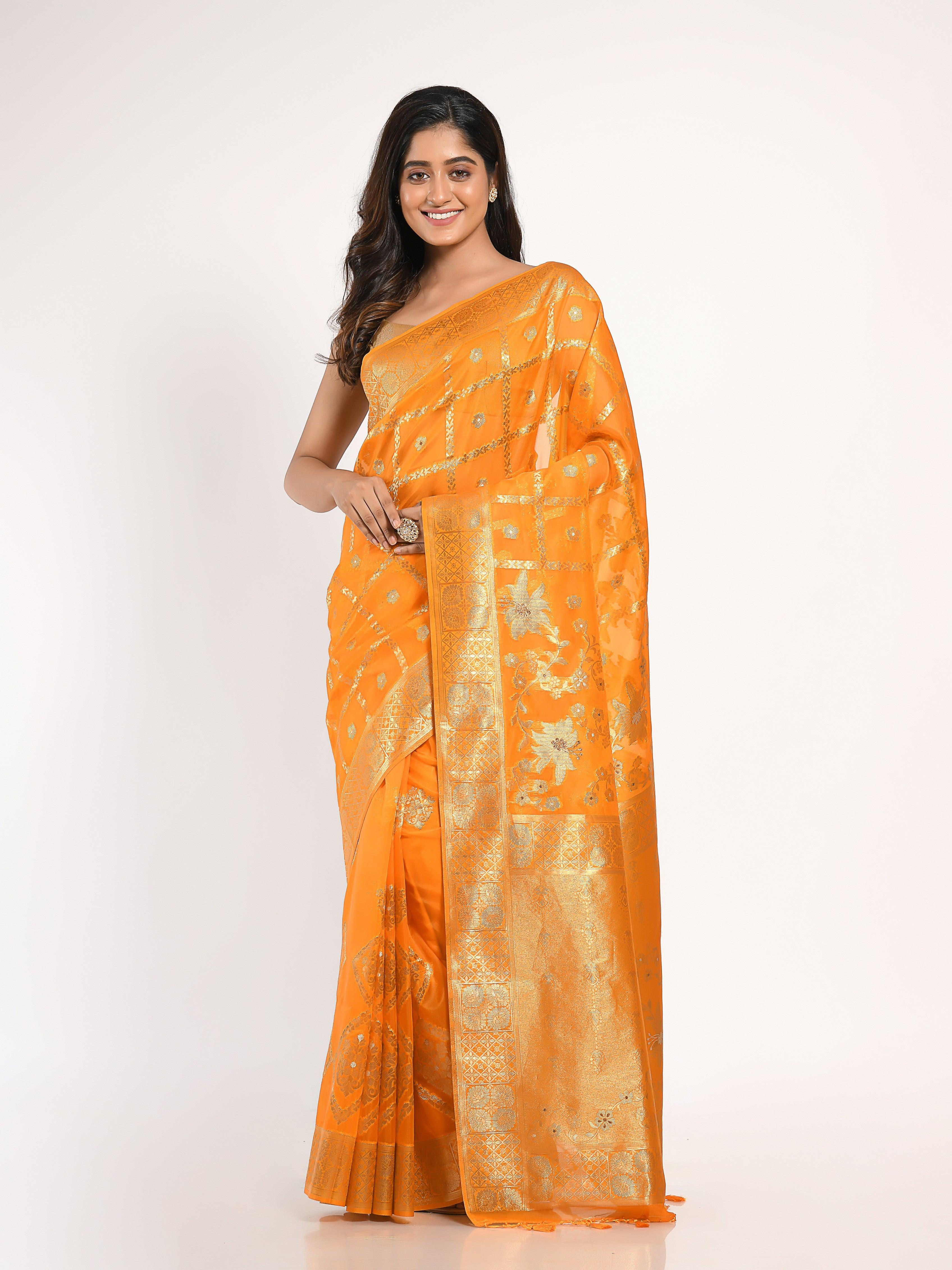 Kavvya Yellow Soft & Lightweight Kora Organza Weaving Silk Saree In Golden & Silver Zari Weaving - KAVVYA 