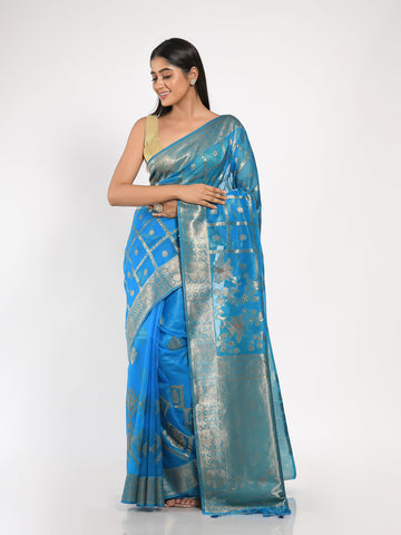 Kavvya Firozi Blue Soft & Lightweight Kora Organza Weaving Silk Saree - KAVVYA 