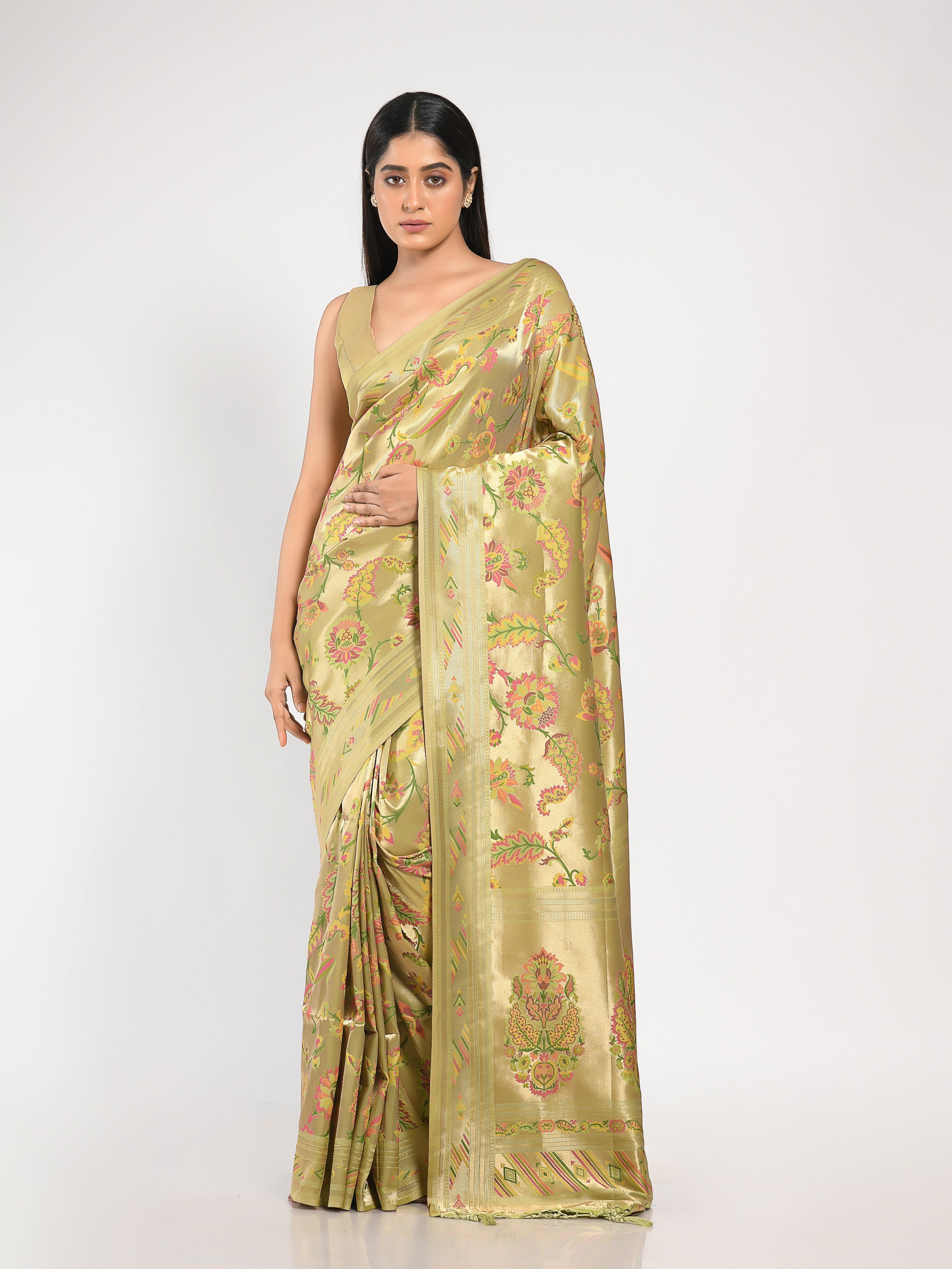 Kavvya Mint Green Soft & Lightweight Weaving Brocade Silk Floral Paithani Saree - KAVVYA 