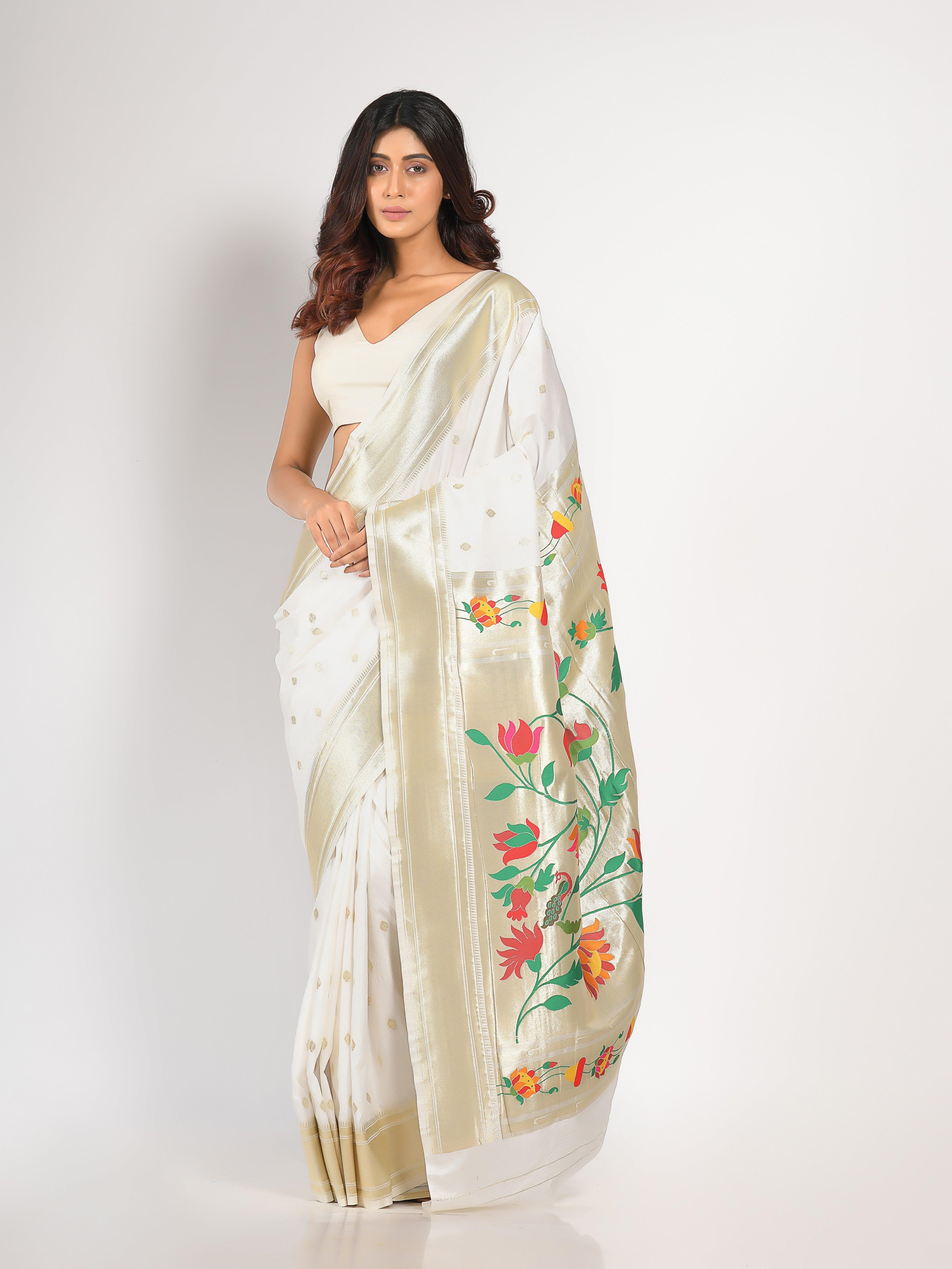 Kavvya White Soft & Lightweight Mulberry Silk Weaving Paithani Saree - KAVVYA 