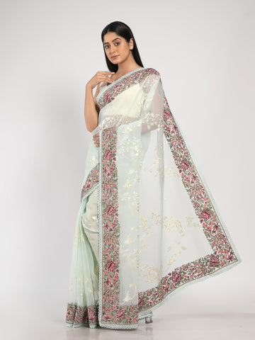 Kavvya Mint Green Soft & Lightweight Kora Organza Silk Saree With Multicolor Resham Embroidery Border - KAVVYA 