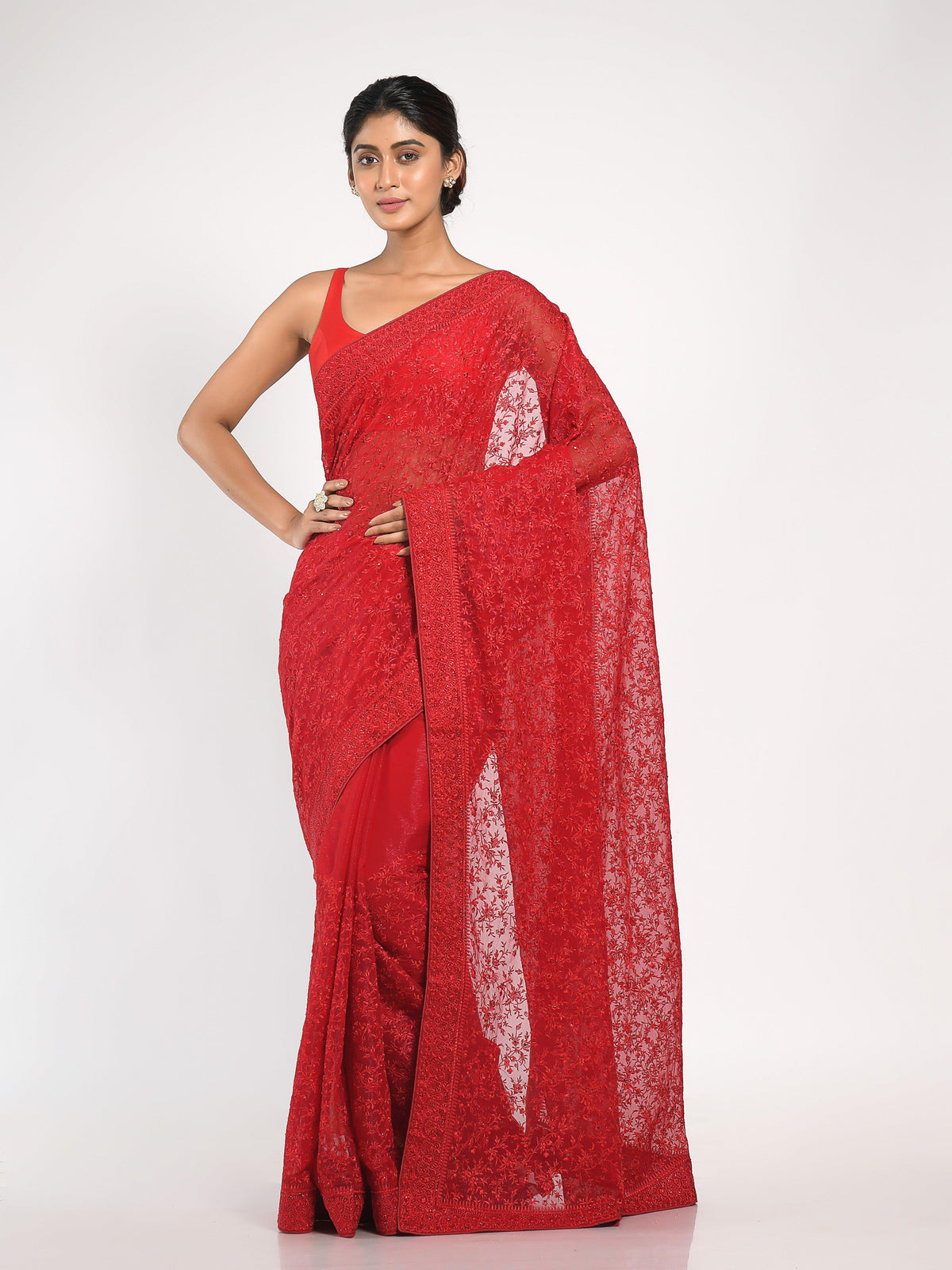 Kavvya Red Soft & Lightweight Fancy Shimmer Chiffon Saree In Tone To Tone Resham Embroidery & Same Color Stone Highlights. - KAVVYA 