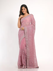 Kavvya Mauve Soft & Lightweight Fancy Shimmer Chiffon Saree In Tone To Tone Resham Embroidery & Same Color Stone Highlights. - KAVVYA 
