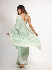 Kavvya Light Green Soft & Lightweight Tussar Silk Saree In White Resham Work Allover Small Butty - KAVVYA 