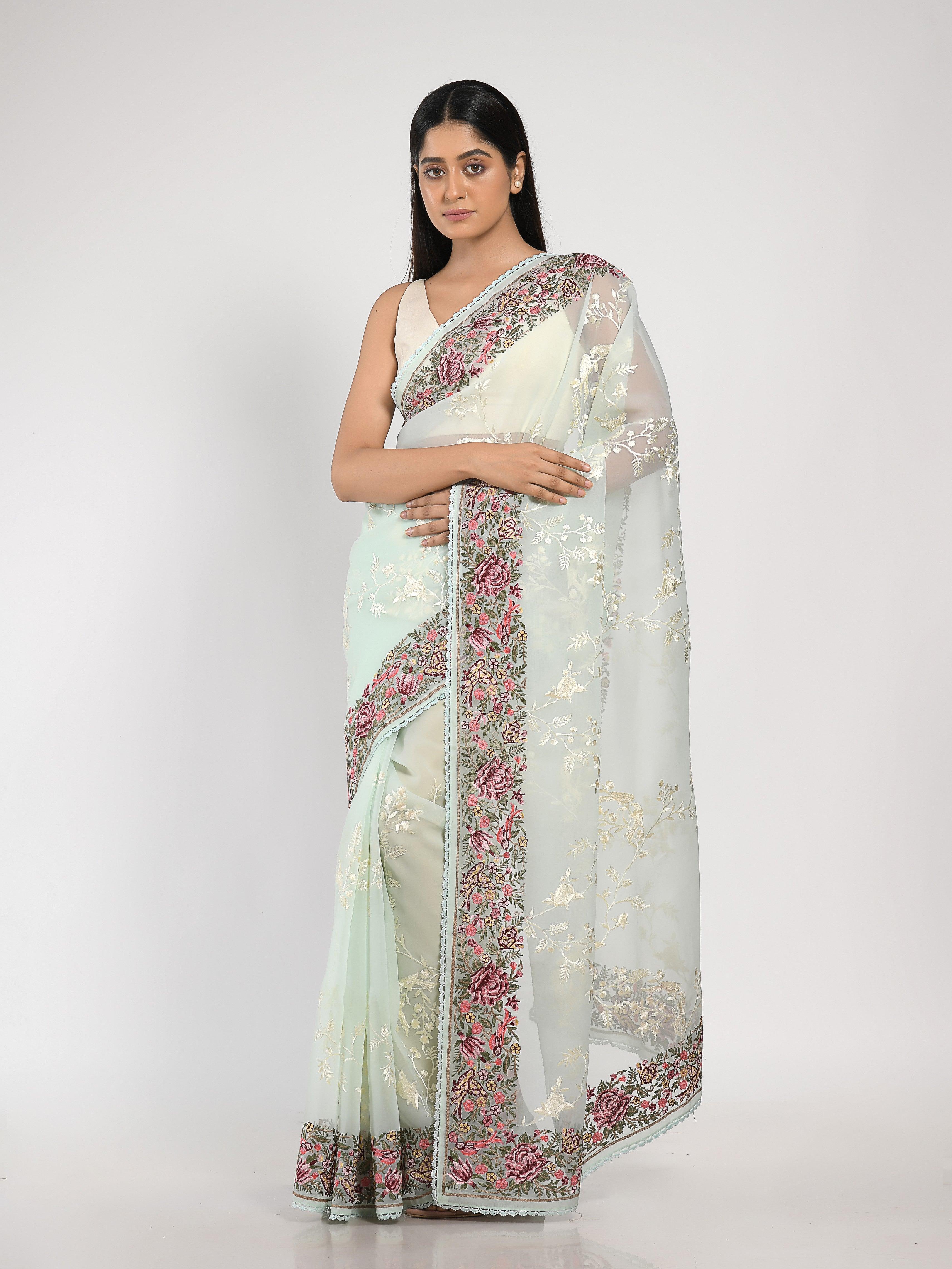 Kavvya Mint Green Soft & Lightweight Kora Organza Silk Saree With Multicolor Resham Embroidery Border - KAVVYA 